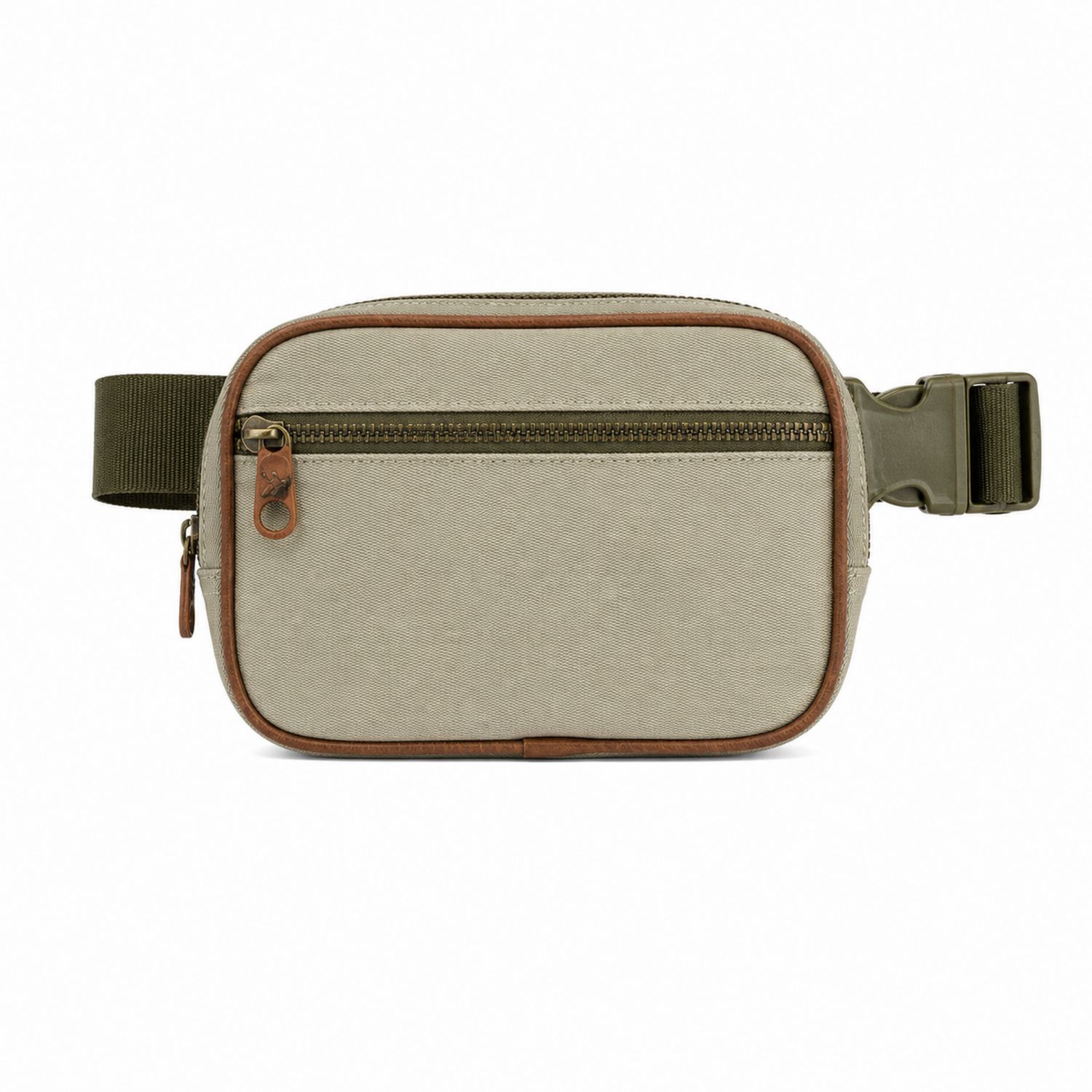 Riñonera Beige con Cierre de Cremallera y Detalles en Verde
