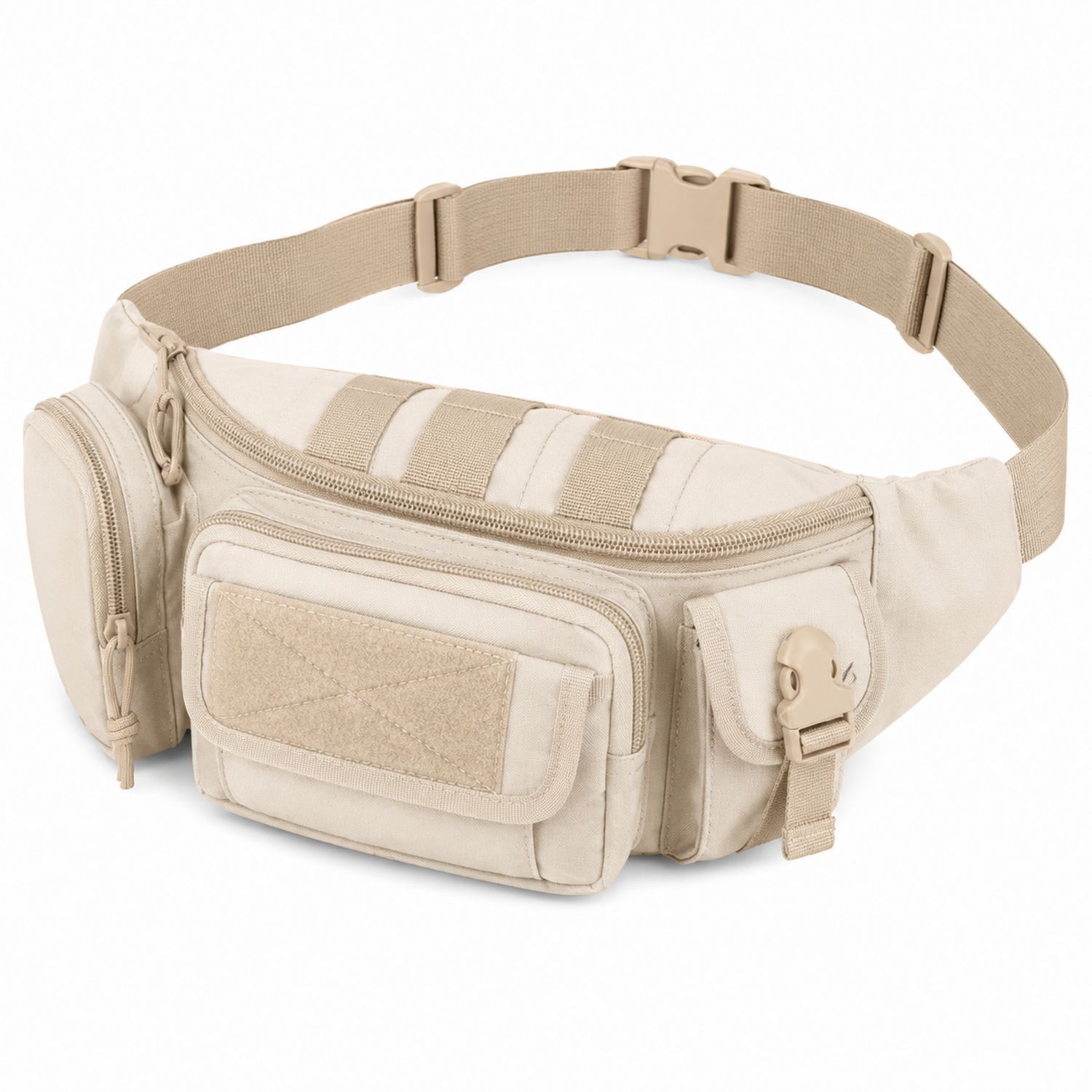 Riñonera táctica beige con múltiples compartimentos y capacidad de 5L