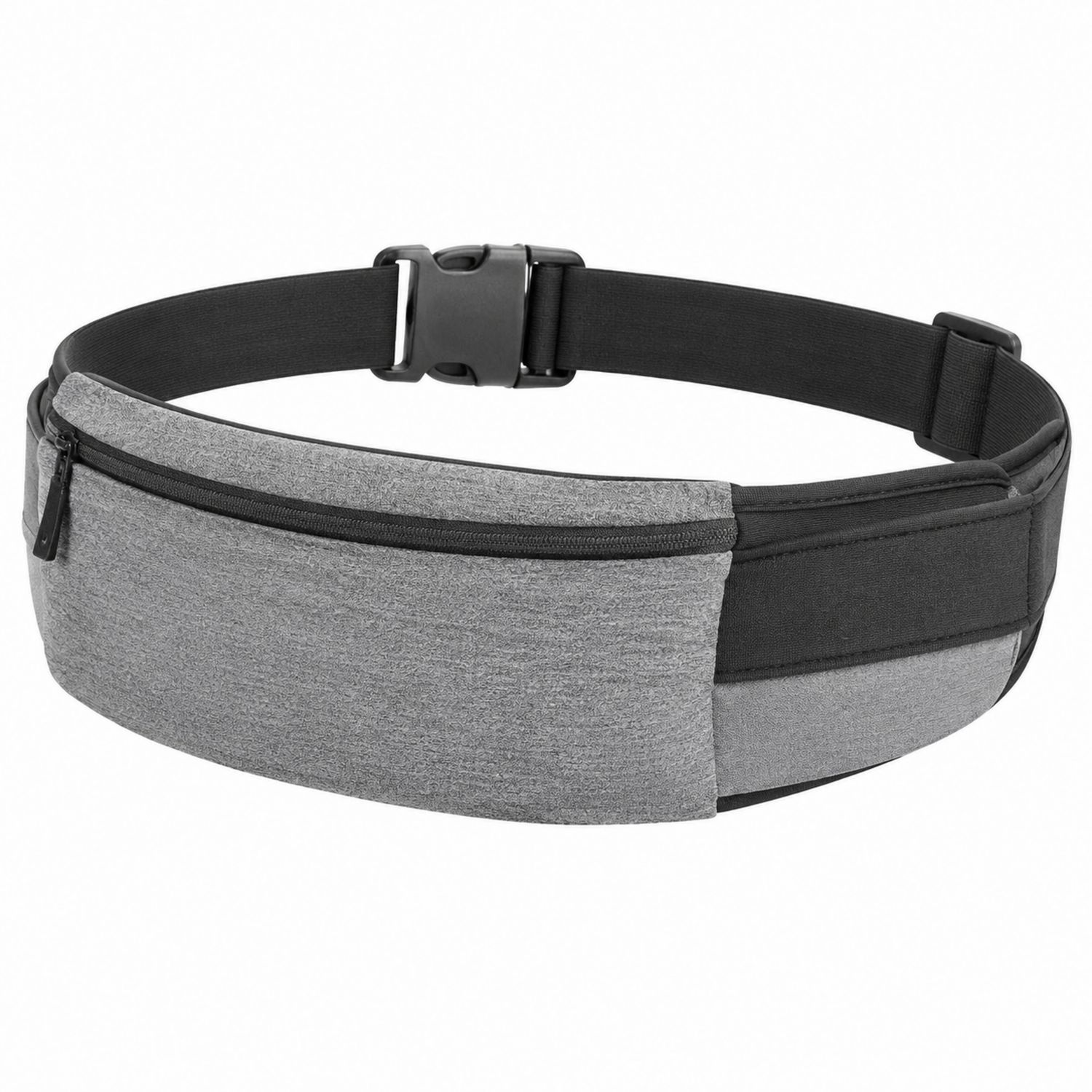Riñonera deportiva ajustable gris y negro con hebilla de cierre rápido