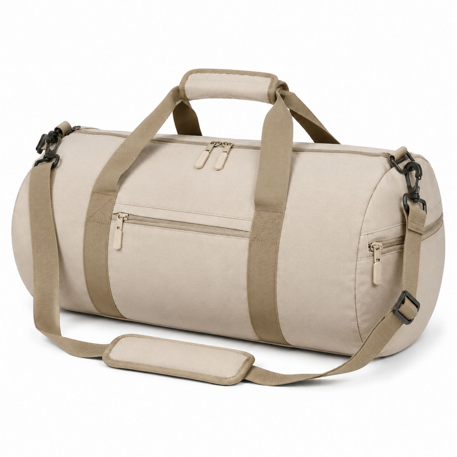 Bolsa de viaje cilíndrica beige con correas ajustables