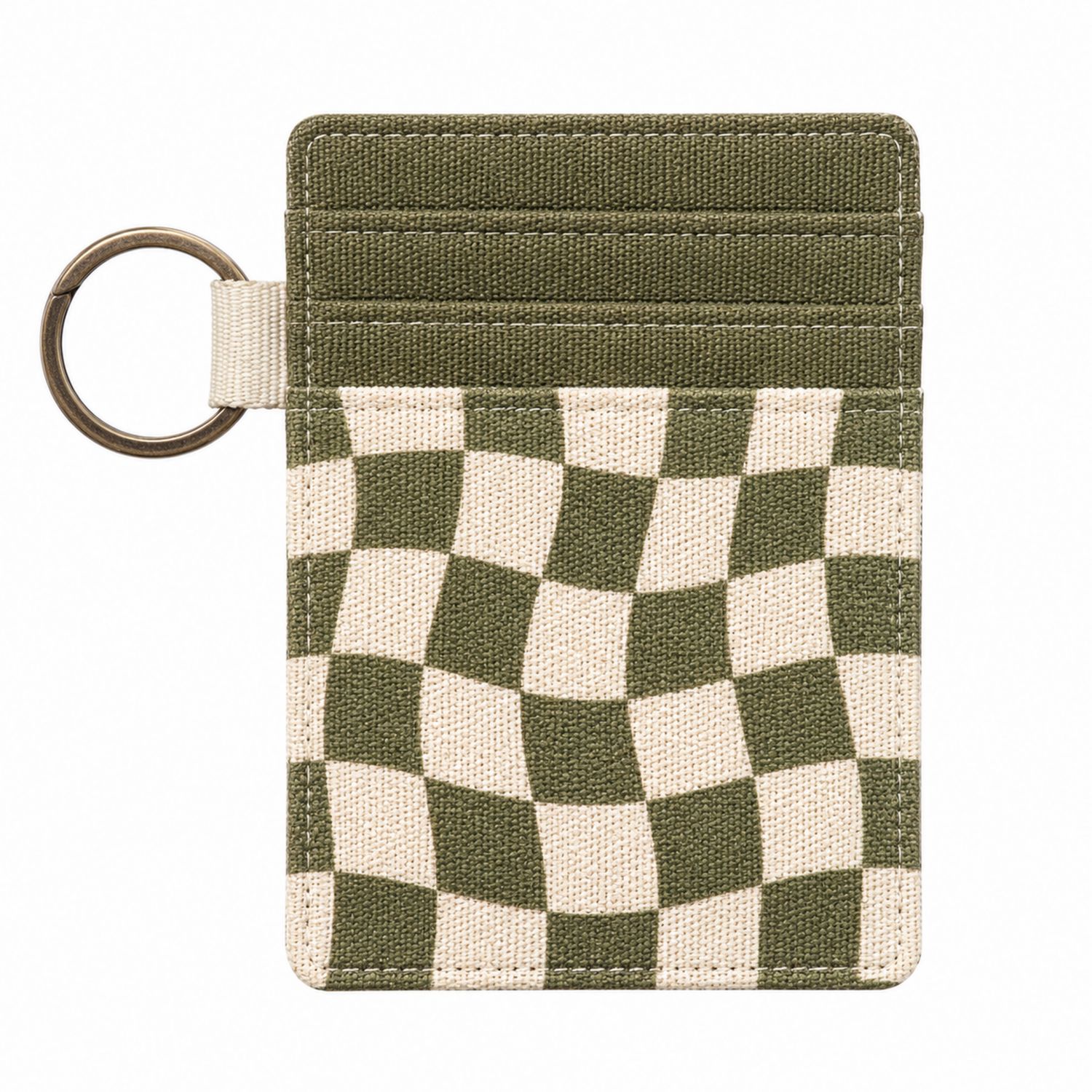 Tarjetero Verde y Beige con Anilla y Patrón de Cuadros