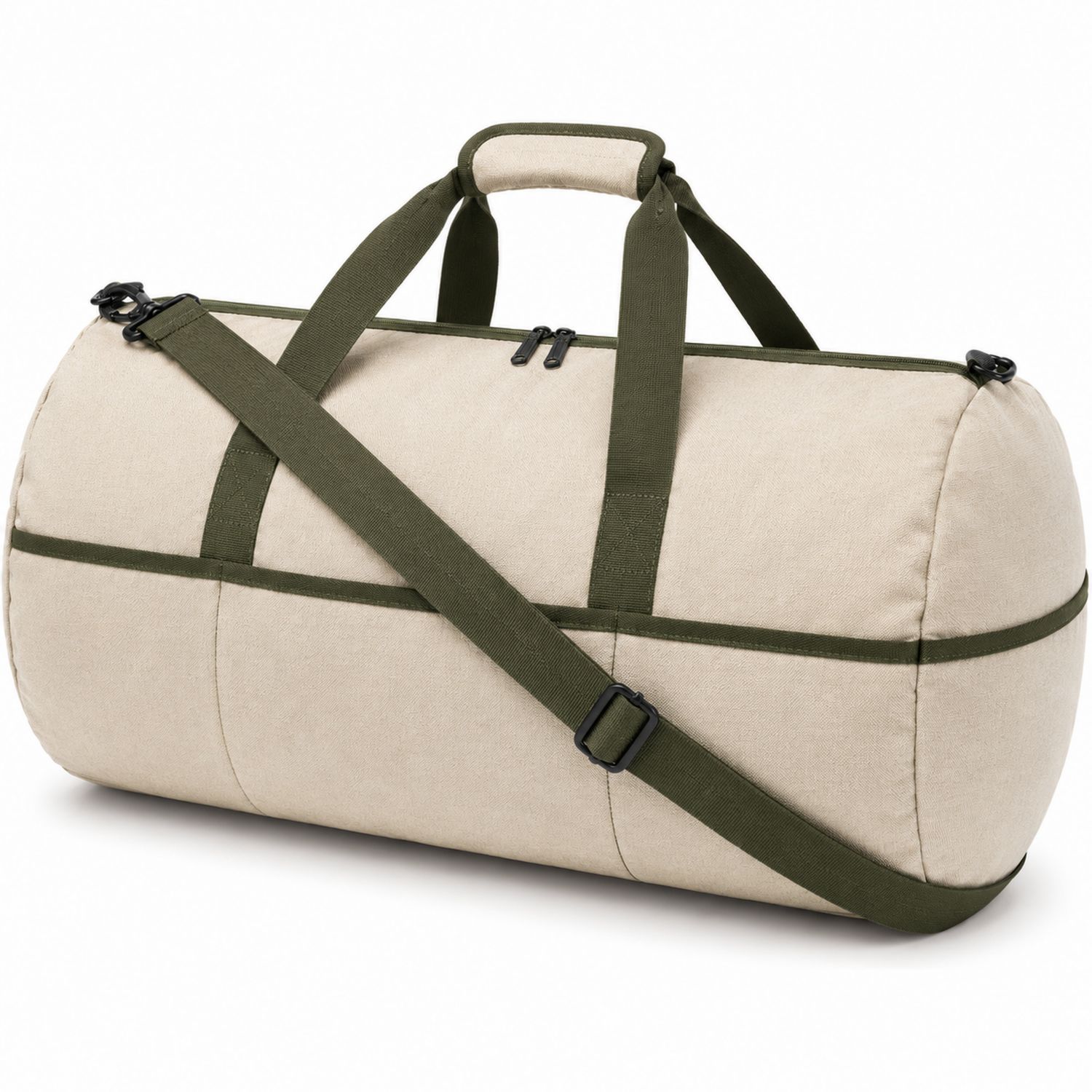Bolso de viaje cilíndrico beige y verde unisex con cremallera