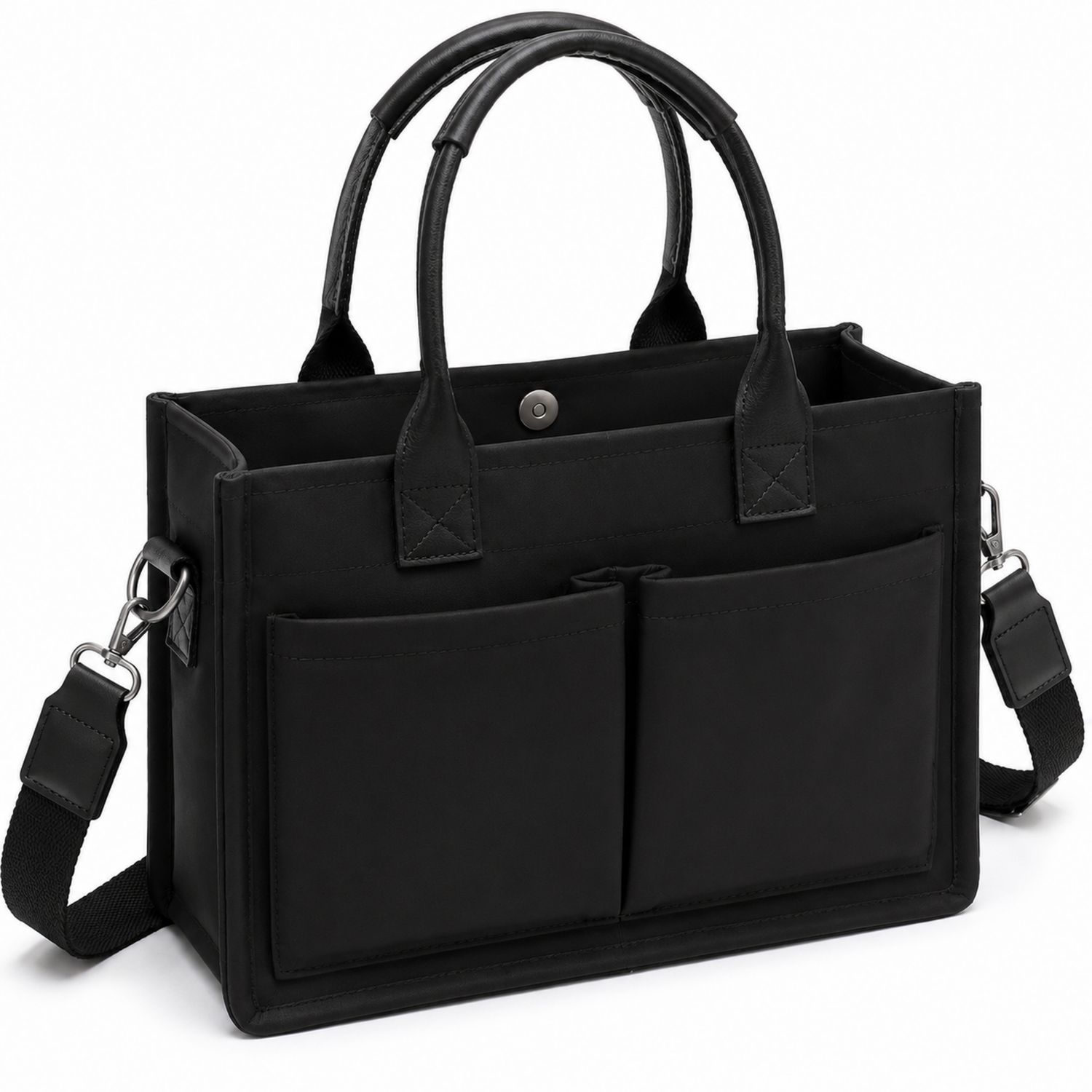 Bolso de mano negro con compartimentos y cierre magnético