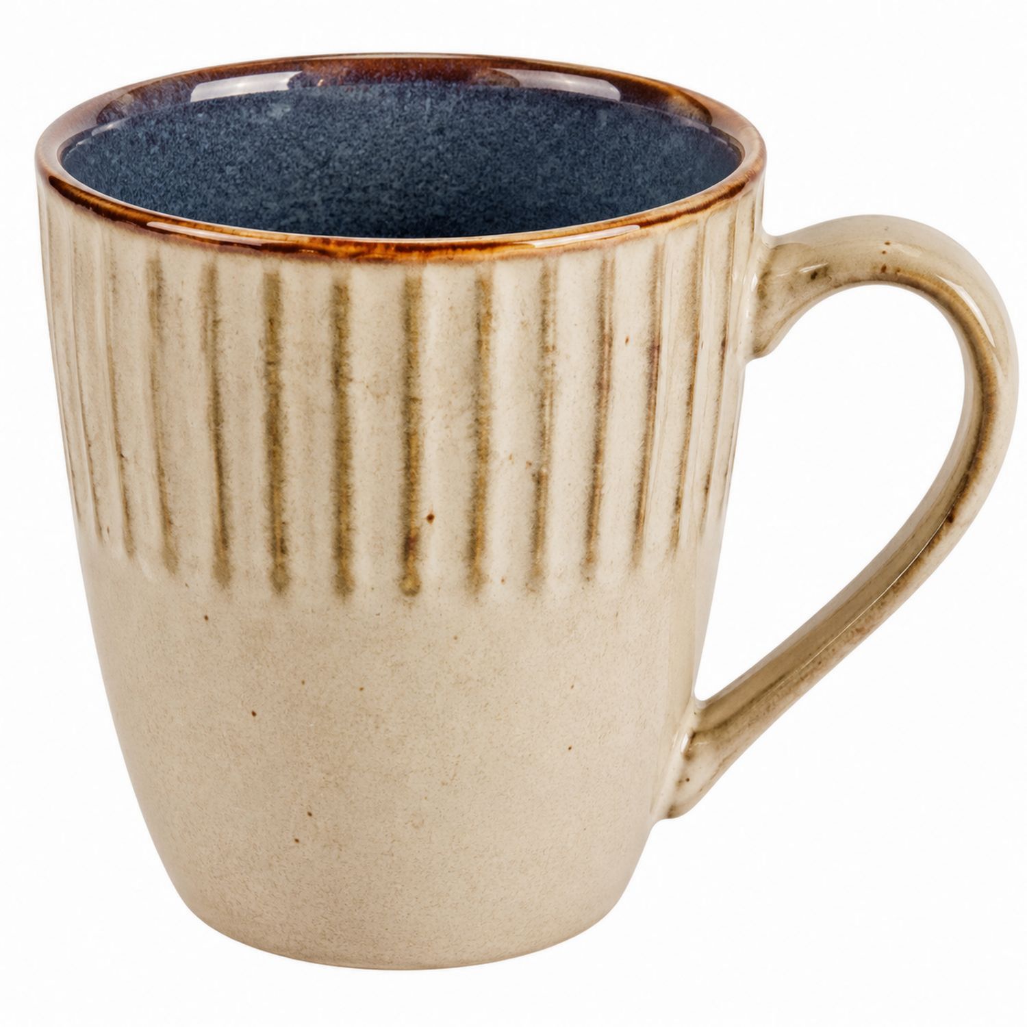 Tazza in Ceramica Beige con Righe Verticali e Interno Grigio Blu