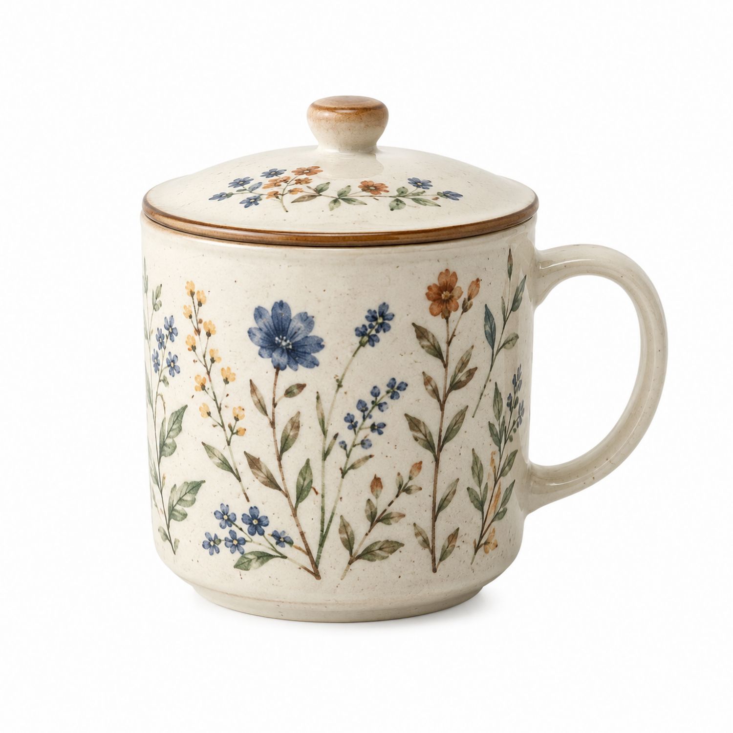 Tazza in Ceramica con Coperchio Decorazione Floreale, 350ml
