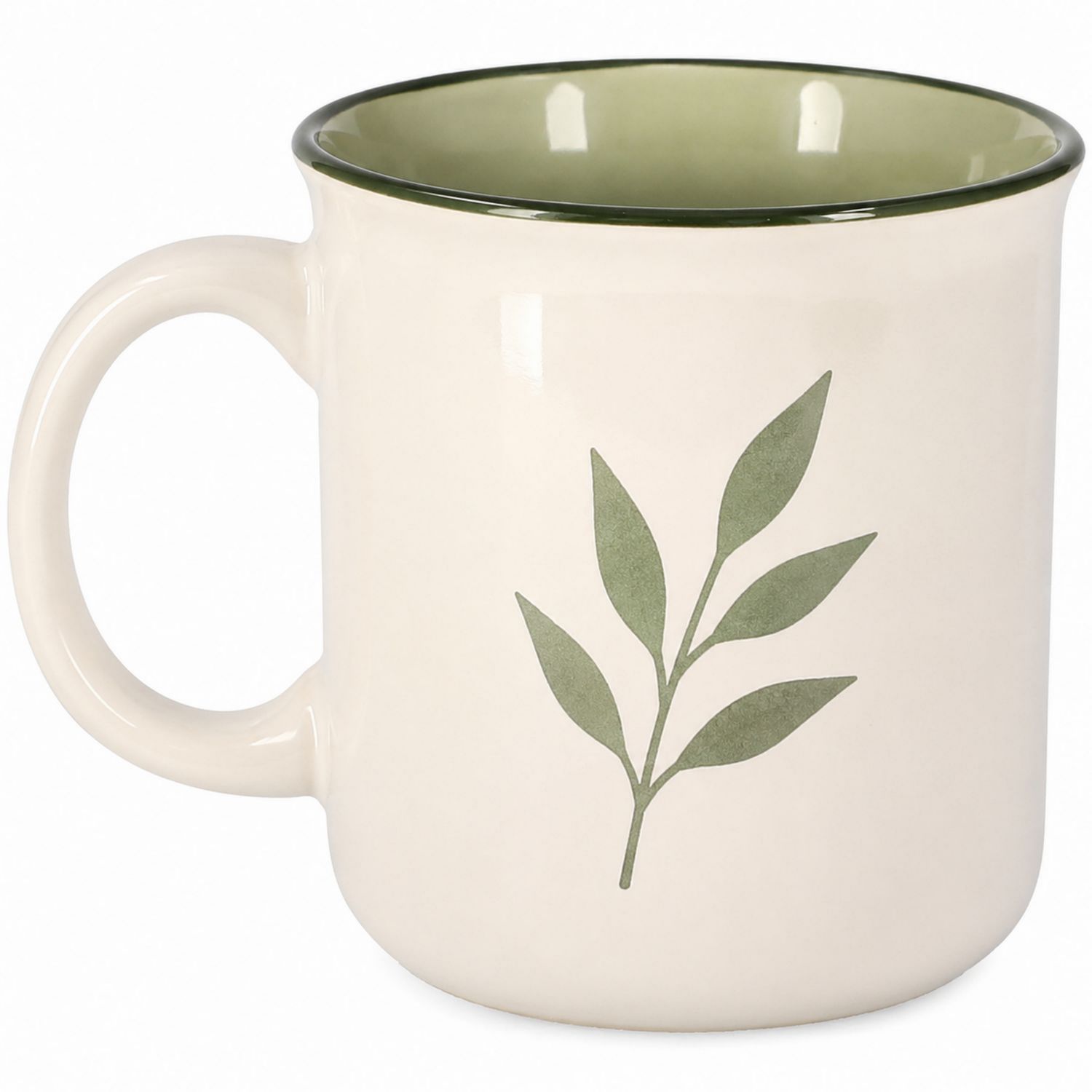 Tazza in ceramica bianco e verde con motivo a foglia