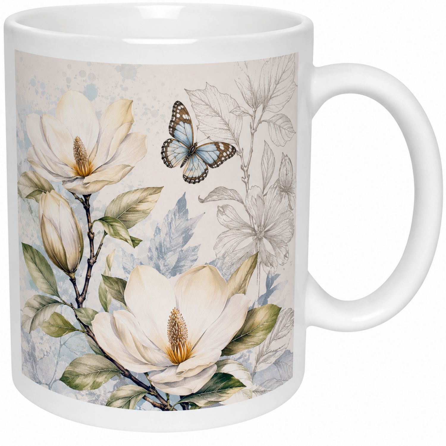 Tazza in Ceramica con Magnolie e Farfalla