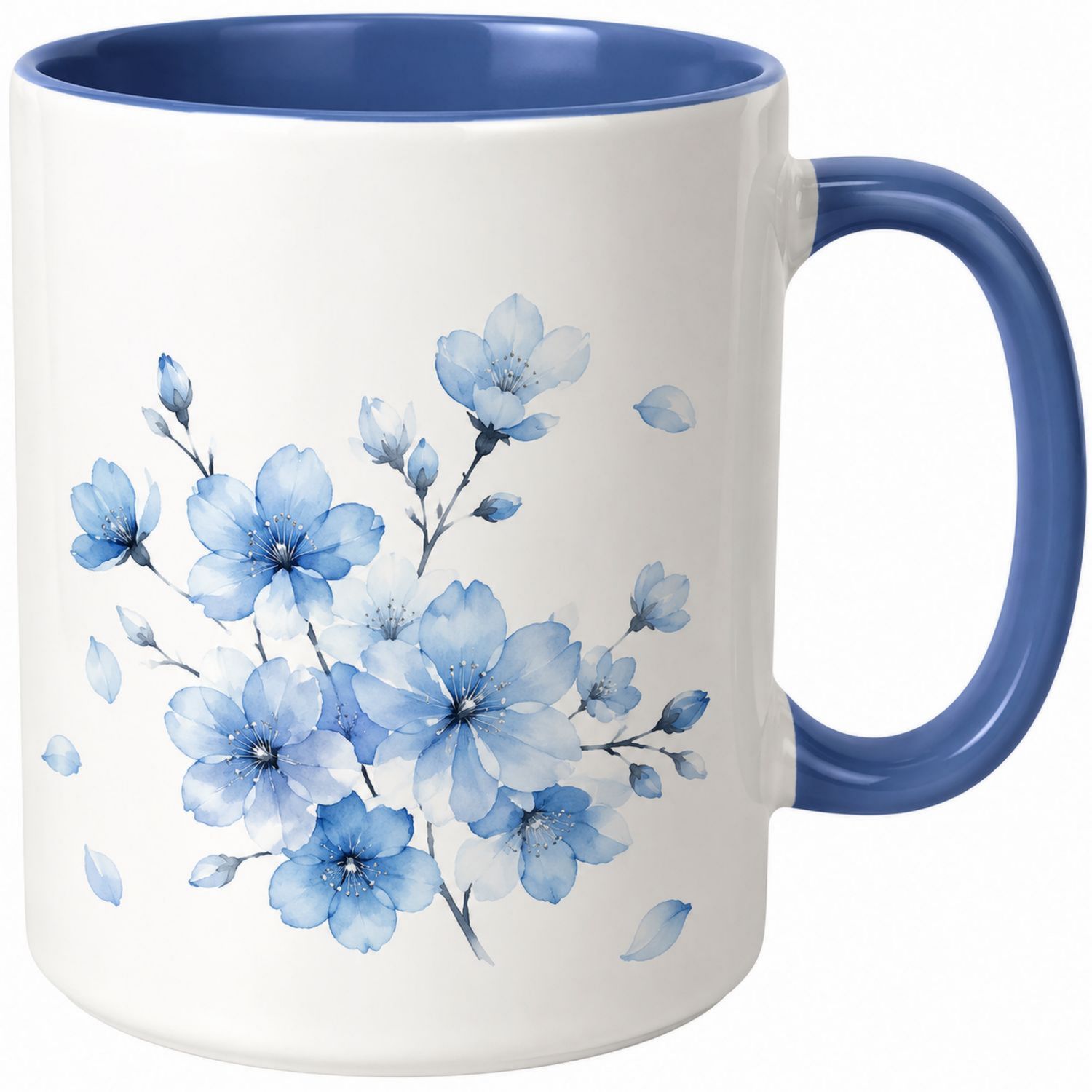 Tazza in Ceramica con Fiori Blu su Sfondo Bianco