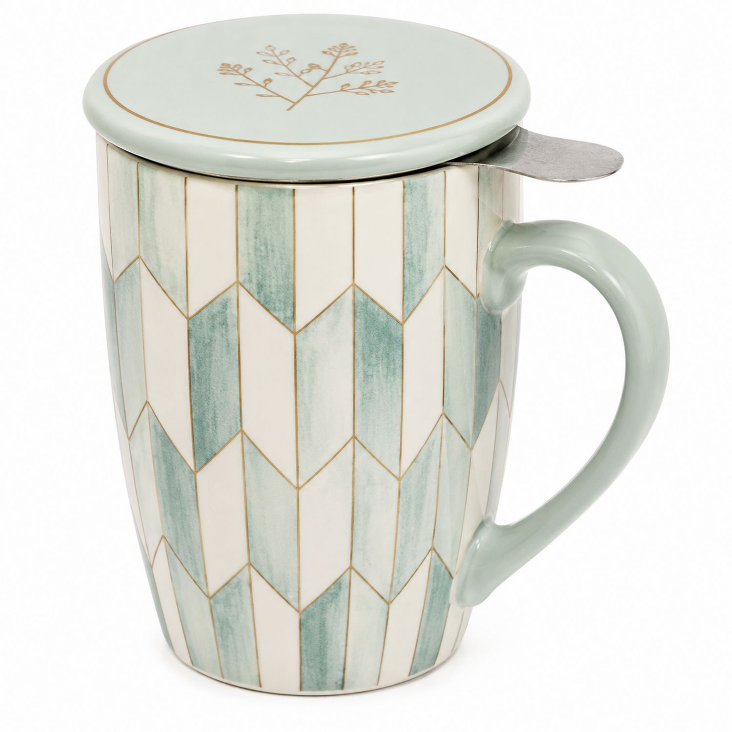 Tazza Geometrica con Coperchio in Verde e Bianco