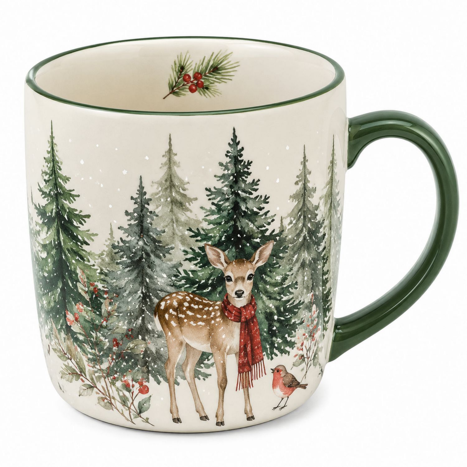 Tazza Natalizia in Ceramica con Cervo e Alberi Verdi