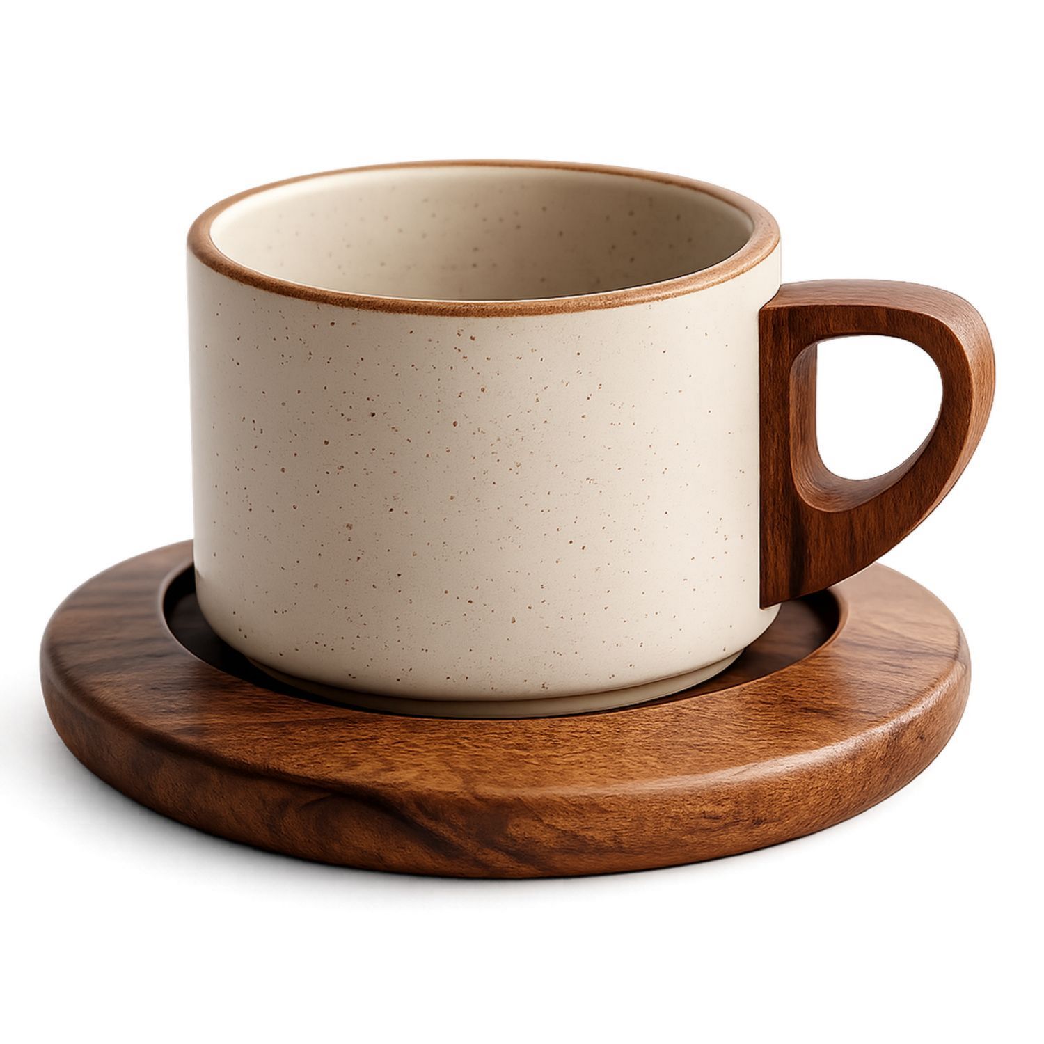 Tazza in Ceramica con Sottobicchiere in Legno Beige e Marrone 250ml