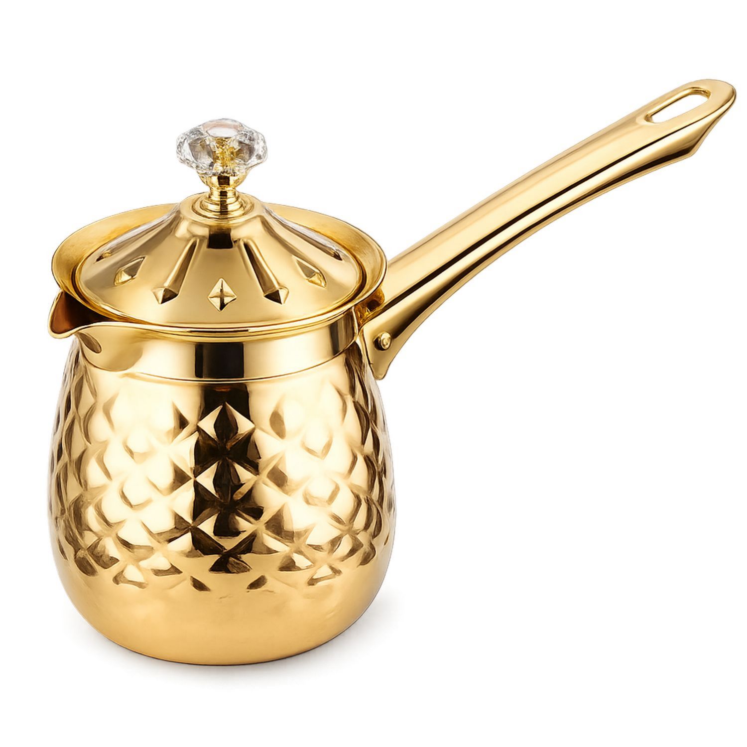Caffettiera in Ottone Dorato con Manico Lungo e Coperchio Decorativo da 400 ml