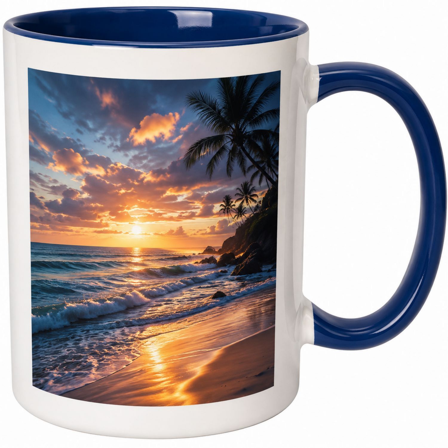 Tazza con Stampa Tramonto su Spiaggia, 350ml, Bianco/Blu