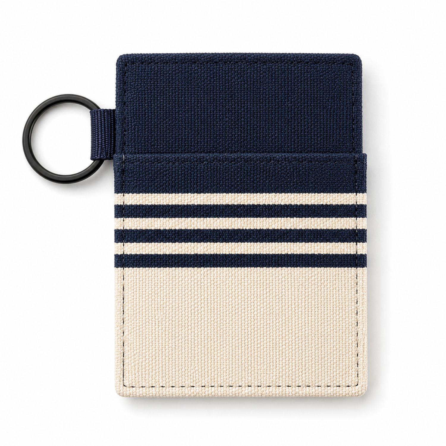Portafoglio Compatto Blu e Beige con Righe e Anello Portachiavi