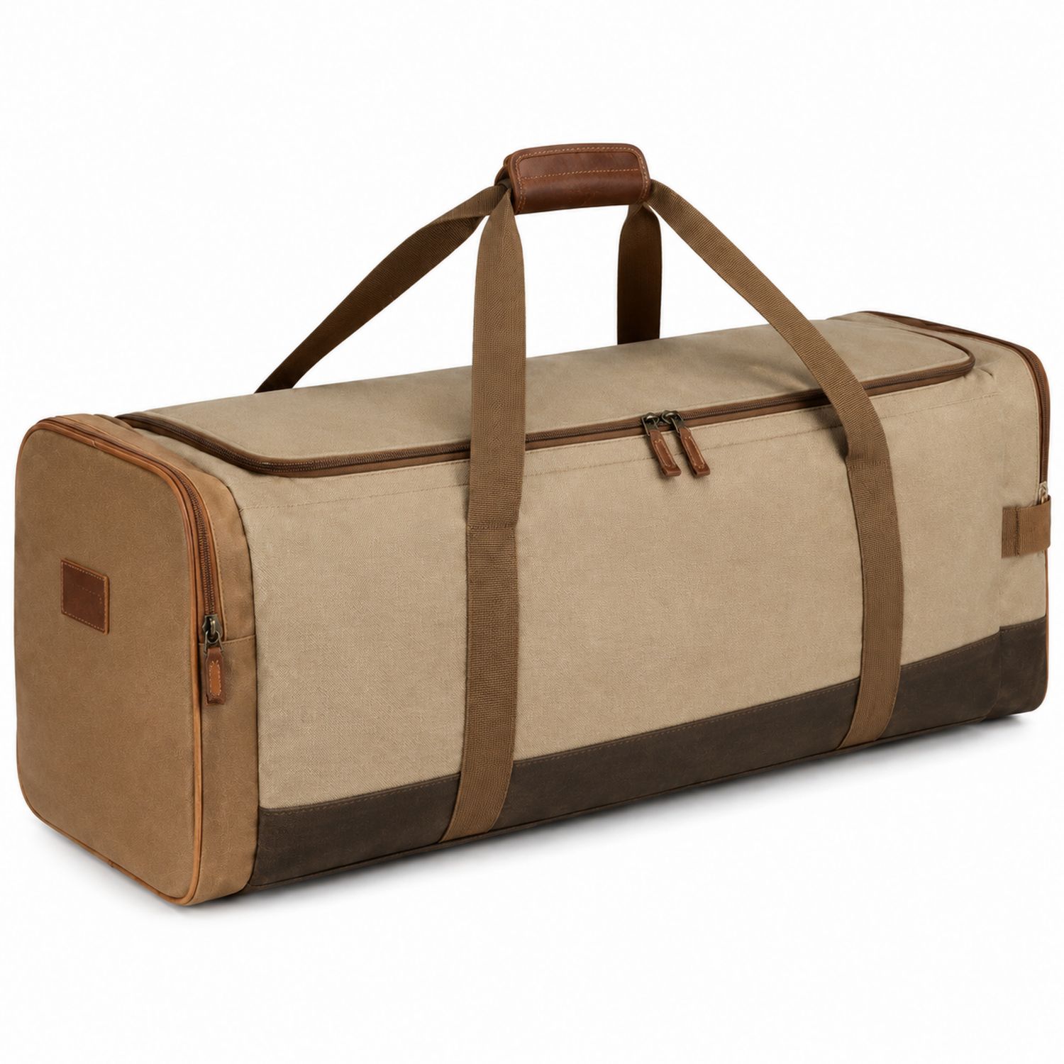 Borsa da Viaggio Grande in Tela Beige e Marrone con Cerniera