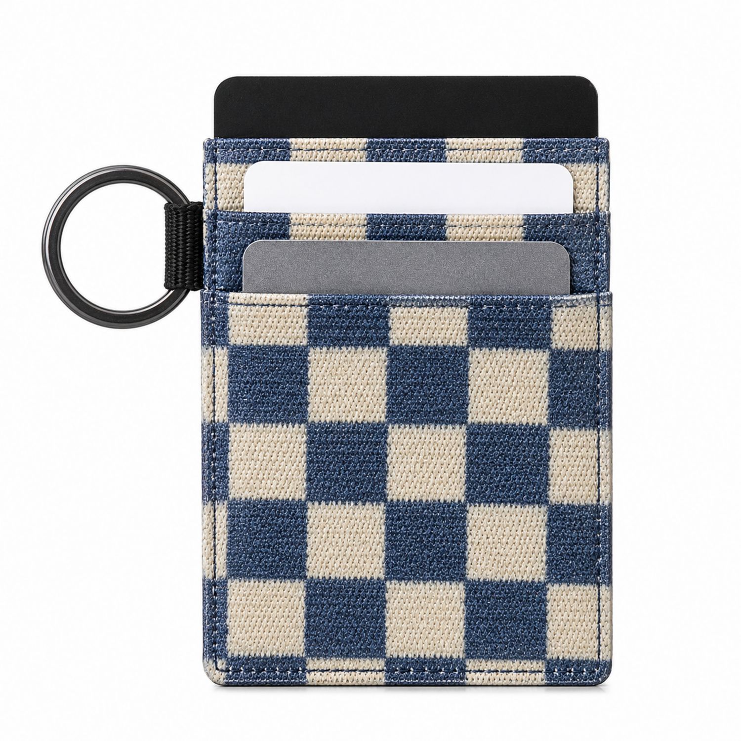 Porta Carte a Scacchi Blu e Beige con Anello