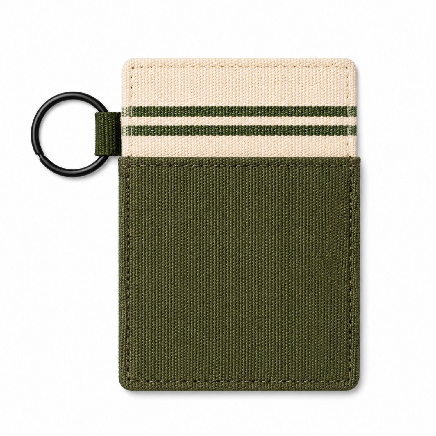 Portacarte in Tela Verde Scuro e Beige con Anello Laterale