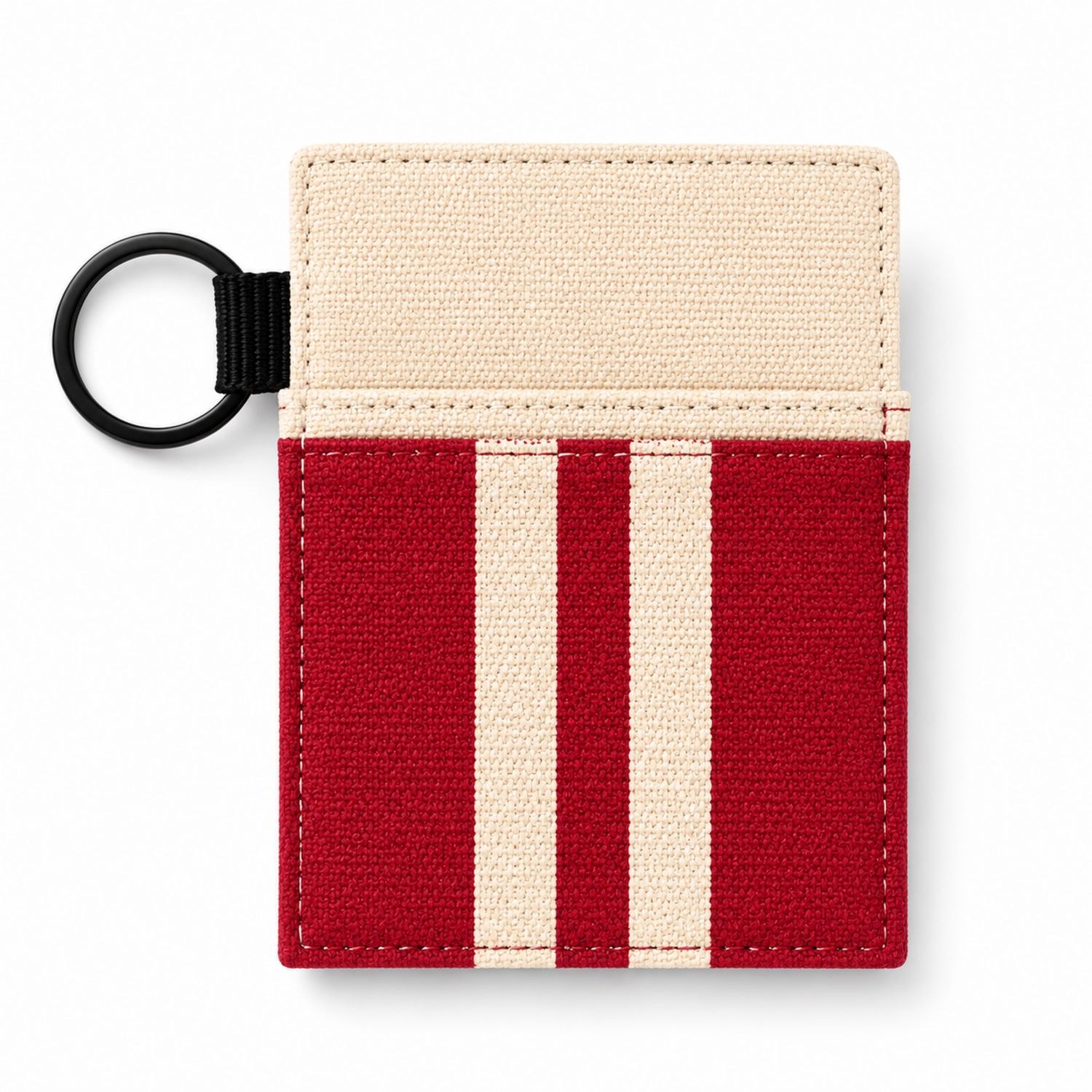 Portacarte in Tessuto Rigato Rosso e Beige con Anello