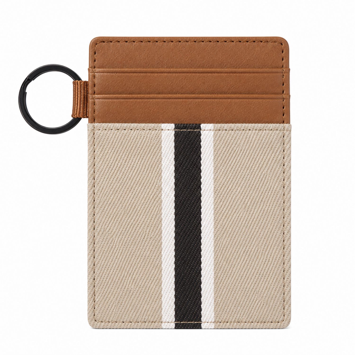 Porta Carte di Credito con Portachiavi, Righe Beige/Marrone/Nero