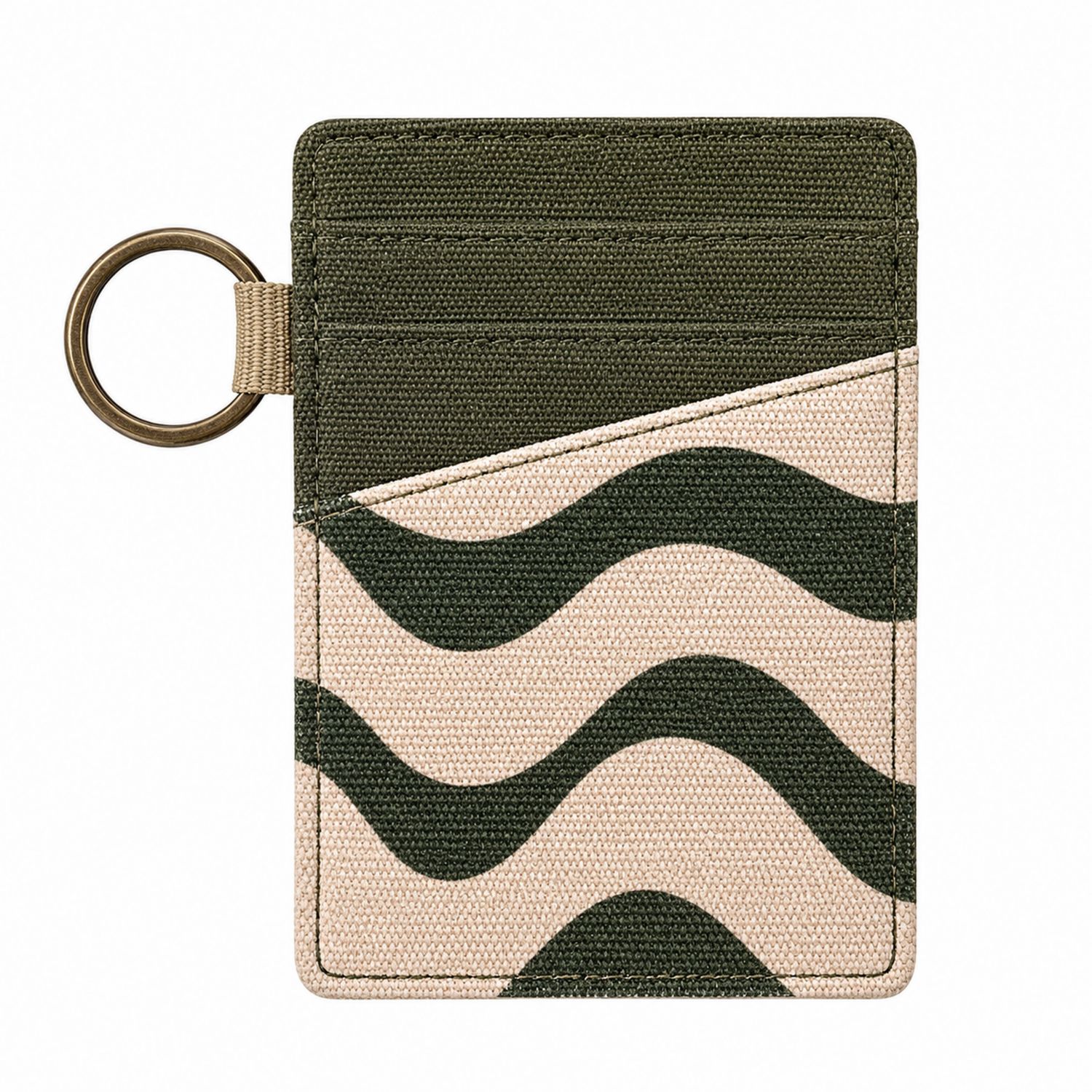Porta Carte in Tessuto con Motivo Ondulato Verde/Beige