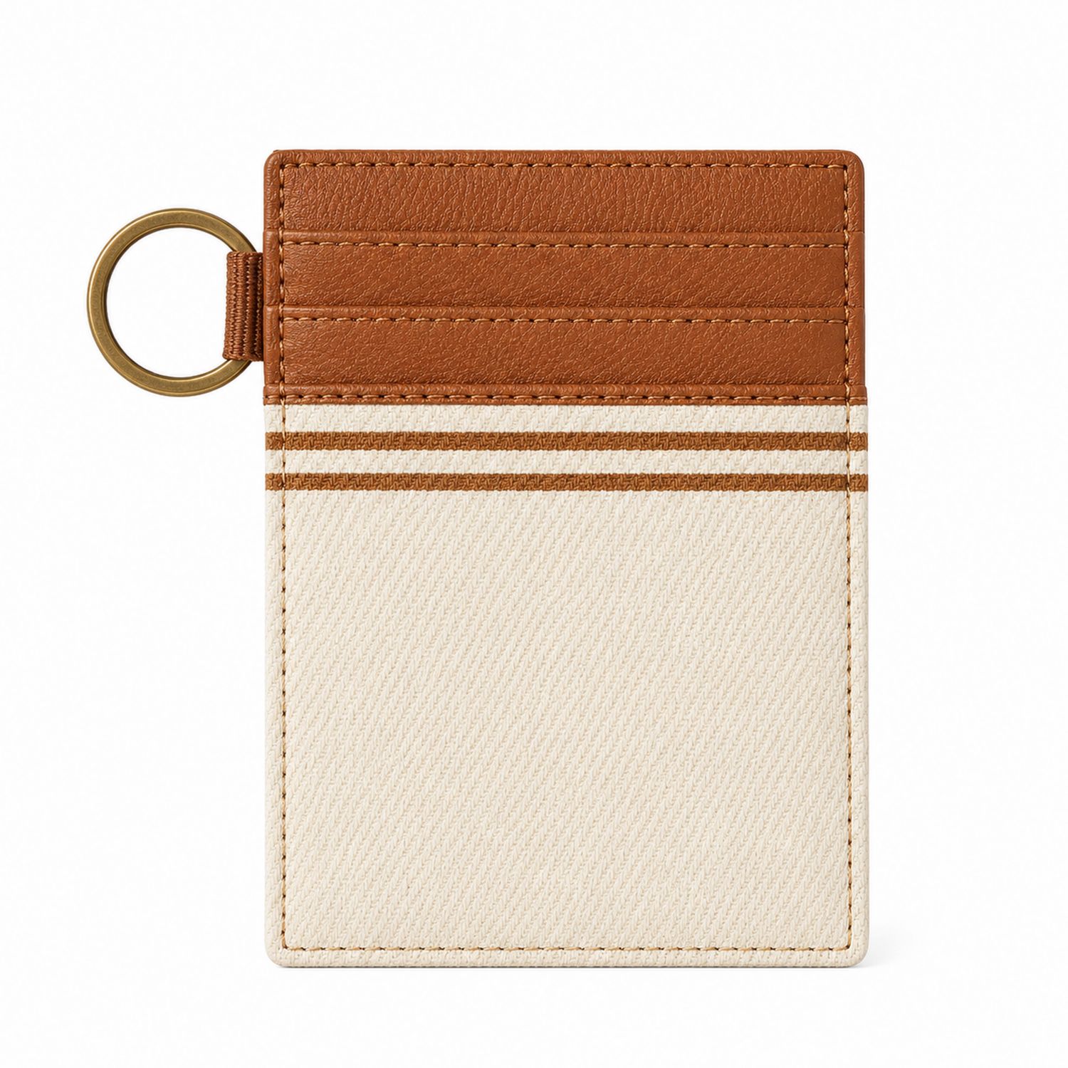 Porta Carte Beige e Marrone con Anello in Metallo