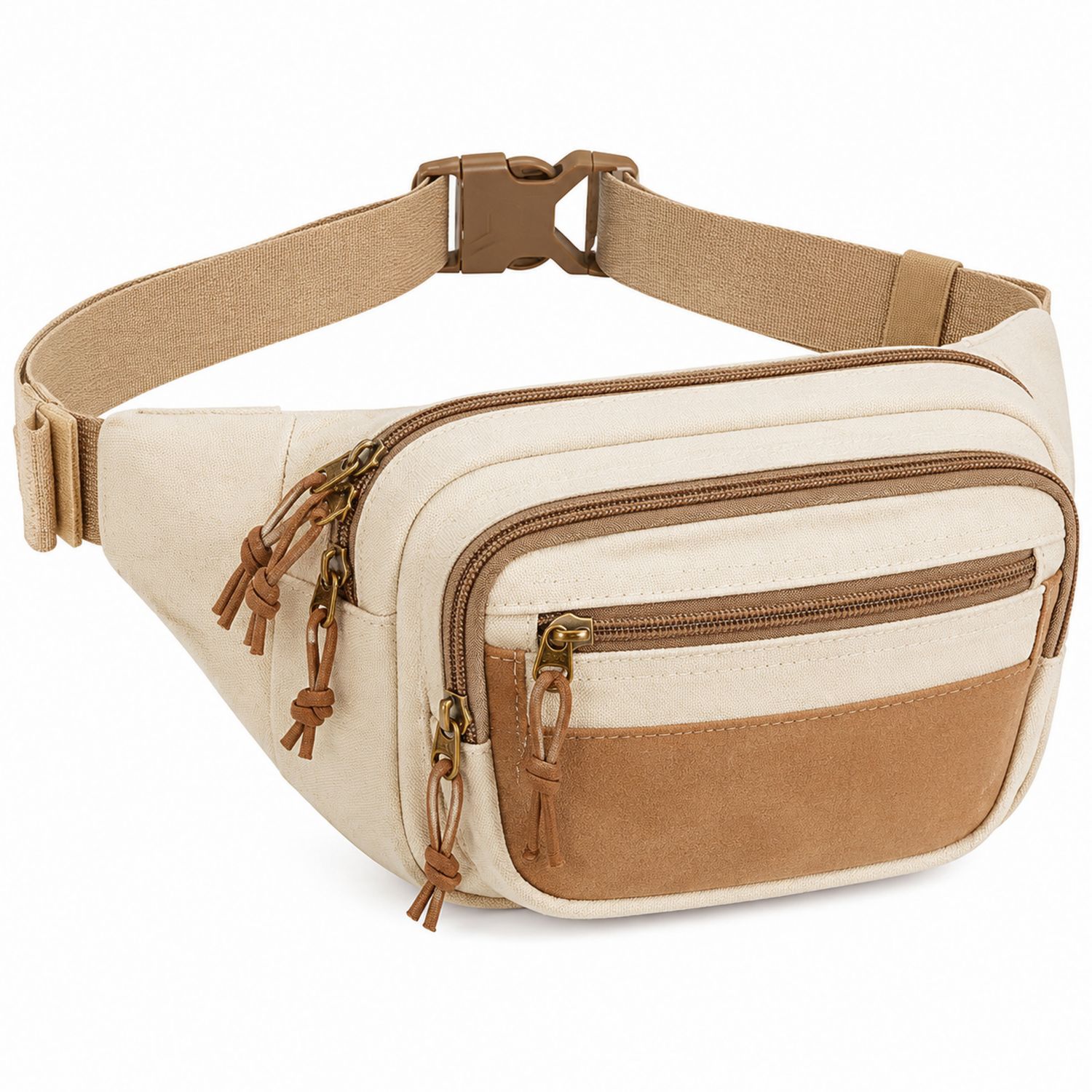 Bauchtasche Canvas Beige/Braun mit Mehrfachtaschen-Arvorik