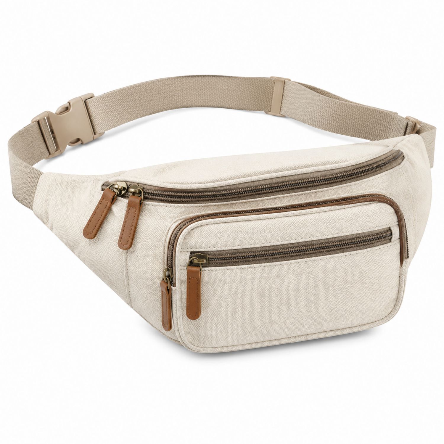 Bauchtasche Beige mit Doppelreißverschlüssen und mehreren Fächern-Arvorik