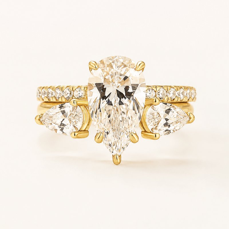2PC Yellow Gold 3.0Ct Pear Cut Solitaire Ring & Pear Cut Open Band Enhancer Ring Sets