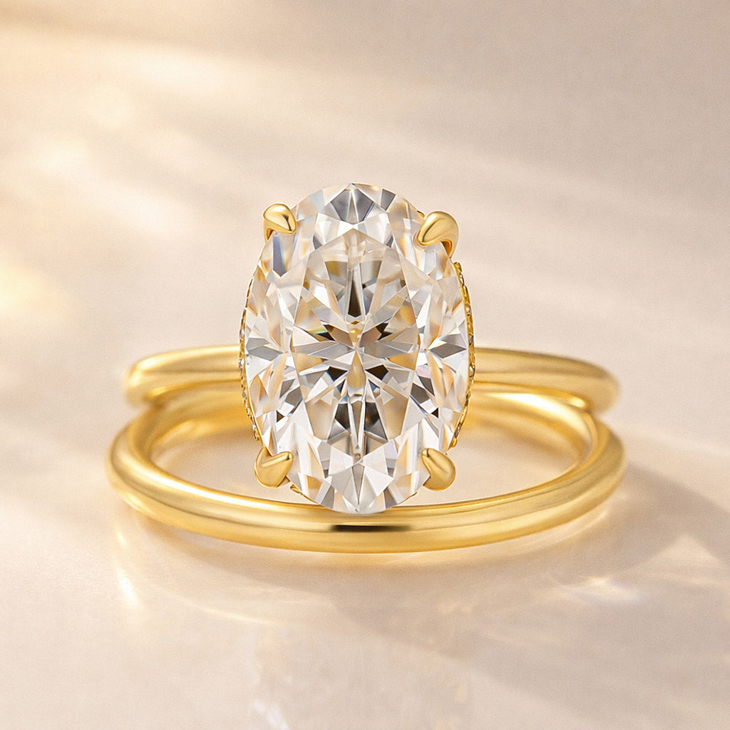 Moissanite 4.0Ct Solitaire Oval Cut Engagement Ring with Plain Wedding Band - Velirellajewelry