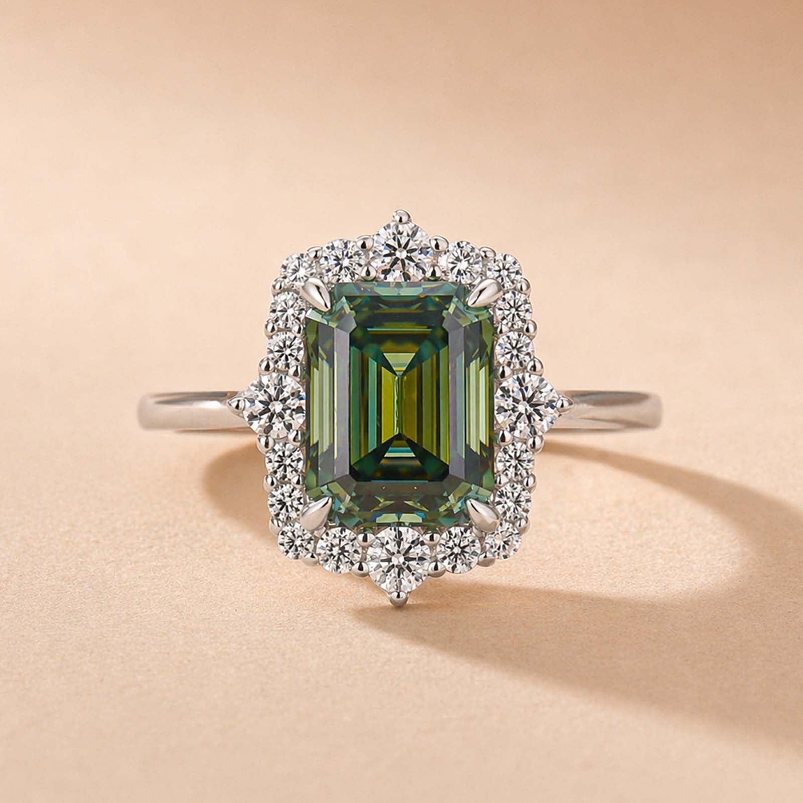 Moissanite Halo 3.0Ct Green Emerald Cut Luxe Rings For Women