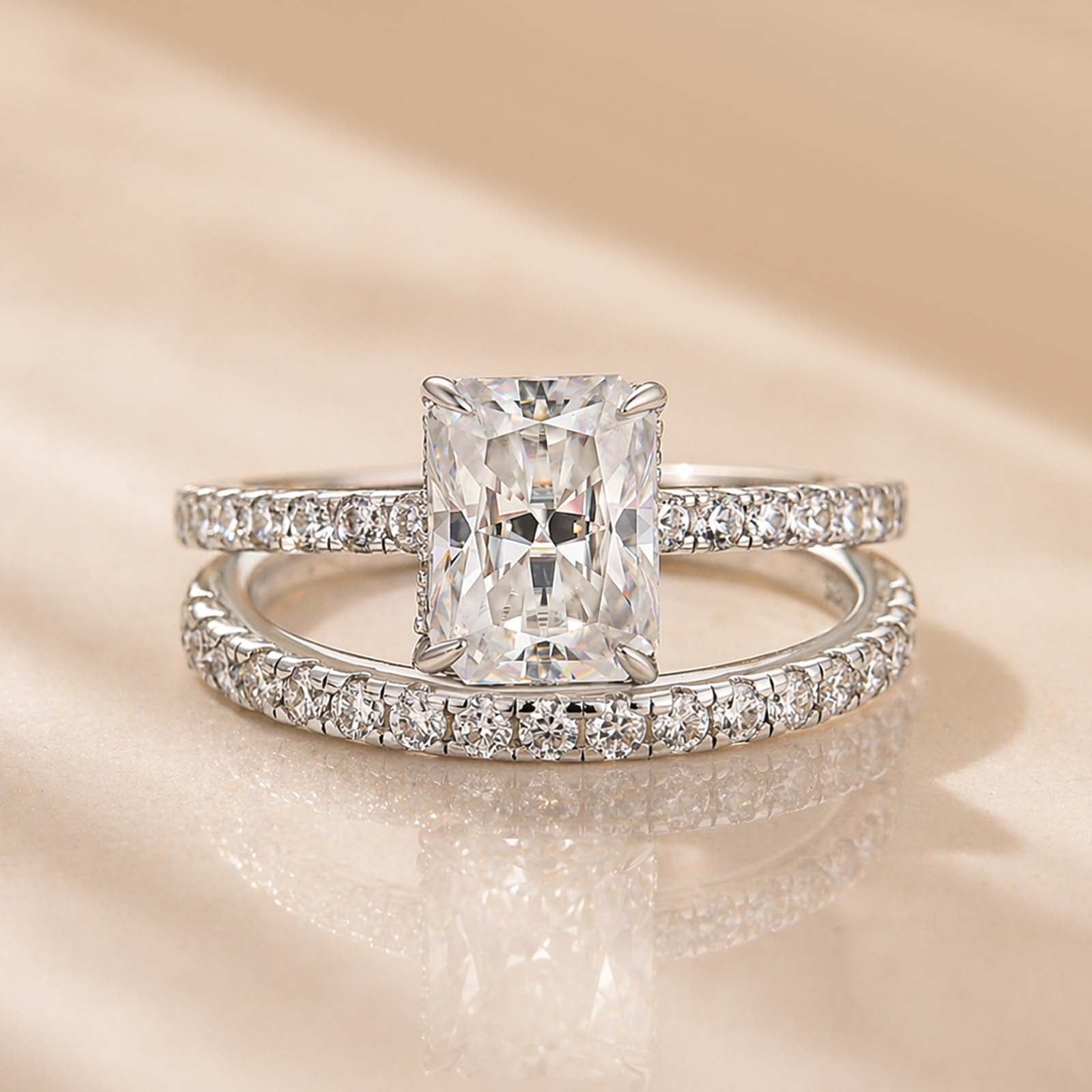 Moissanite 3.5 Carat Radiant Cut Ring Set Hidden Halo Rings For Everyday Wear