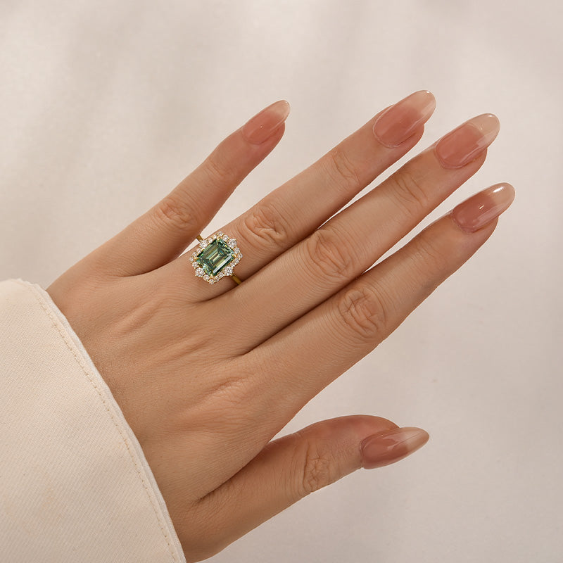 Moissanite 3.0Ct Yellow Gold Halo Emerald Stone Emerald Cut Engagement Ring - Velirellajewelry