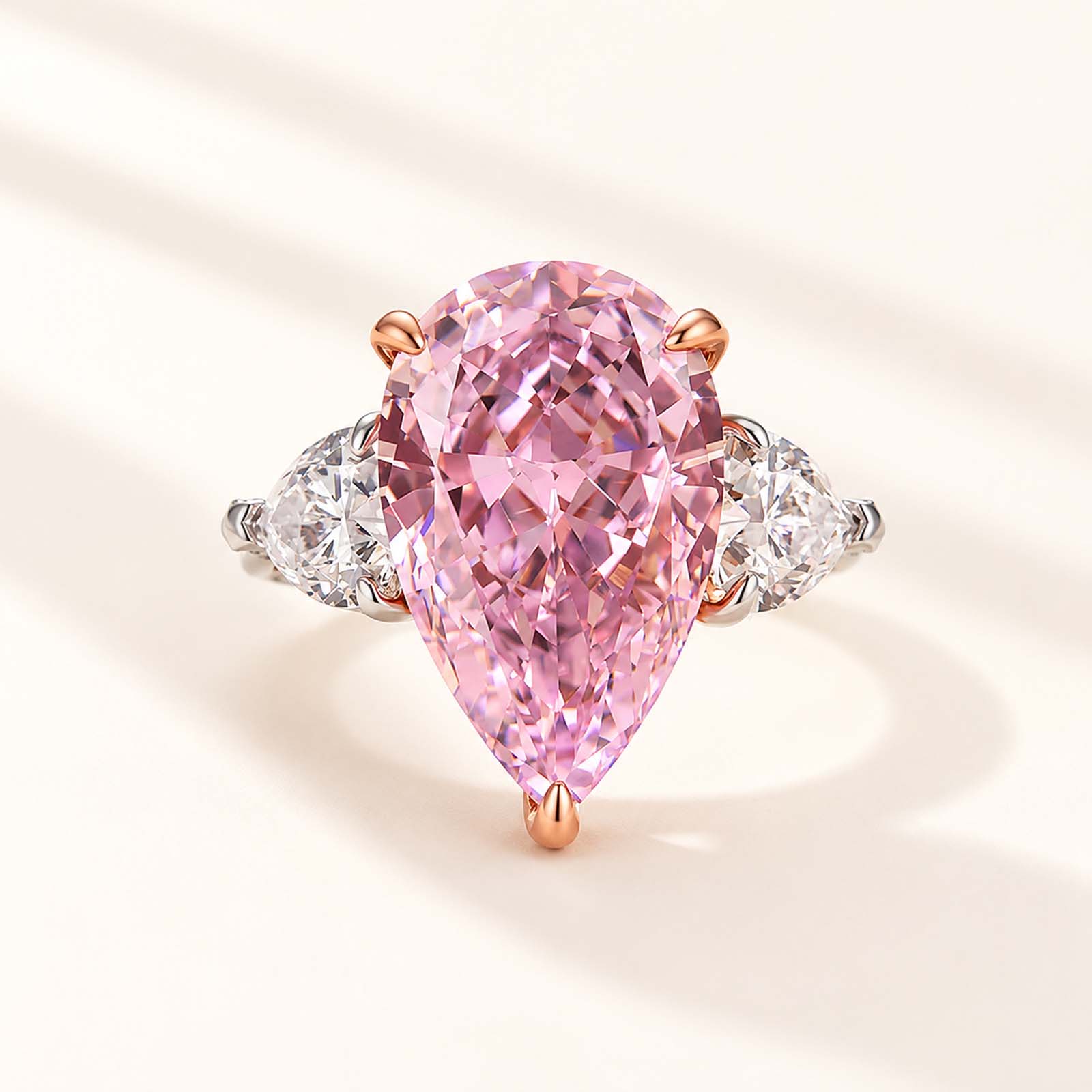 Romantic Pear Cut Pink Sapphire Three Stone Simulated Diamond Ring For Women