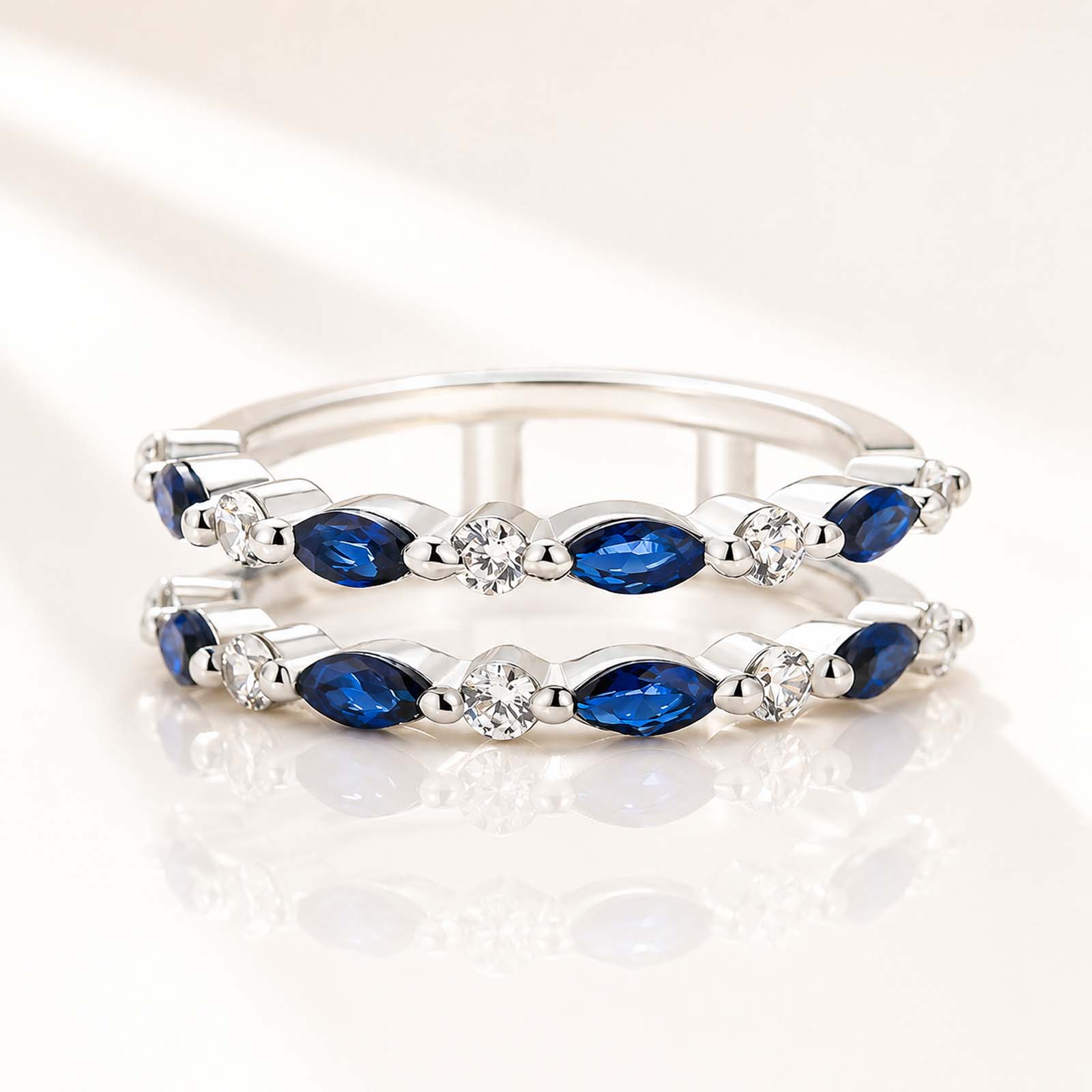 1.0Ct Blue & White Stone Marquise&Round Cut Unique Insert Stackable Band