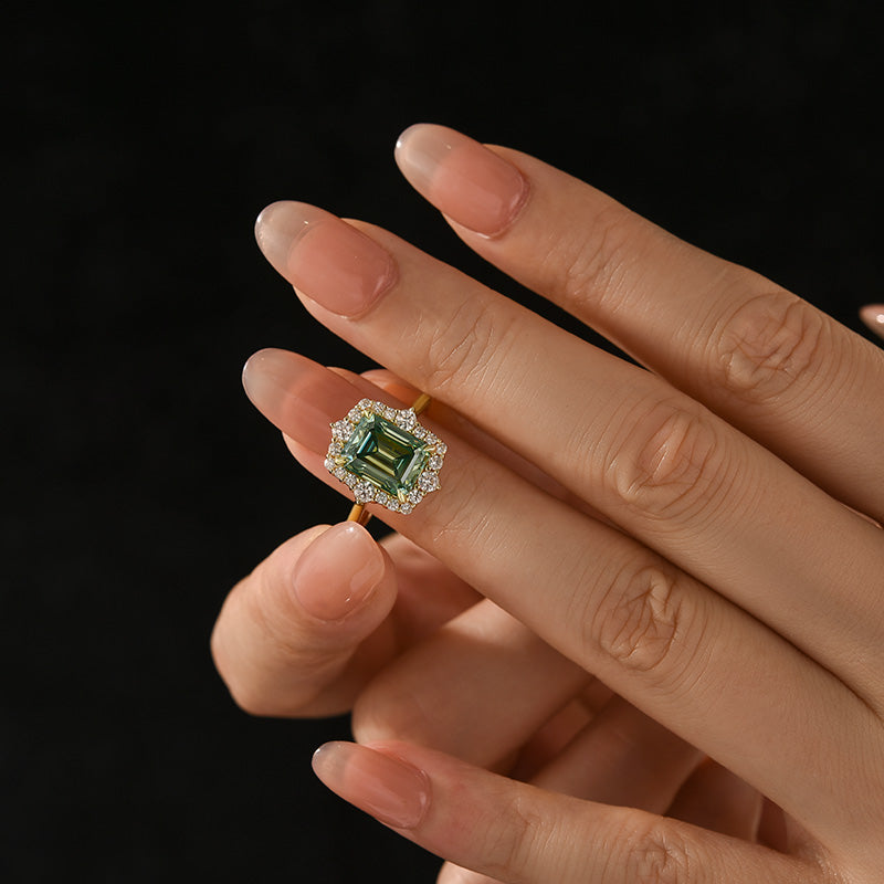 Moissanite 3.0Ct Yellow Gold Halo Emerald Stone Emerald Cut Engagement Ring - Velirellajewelry