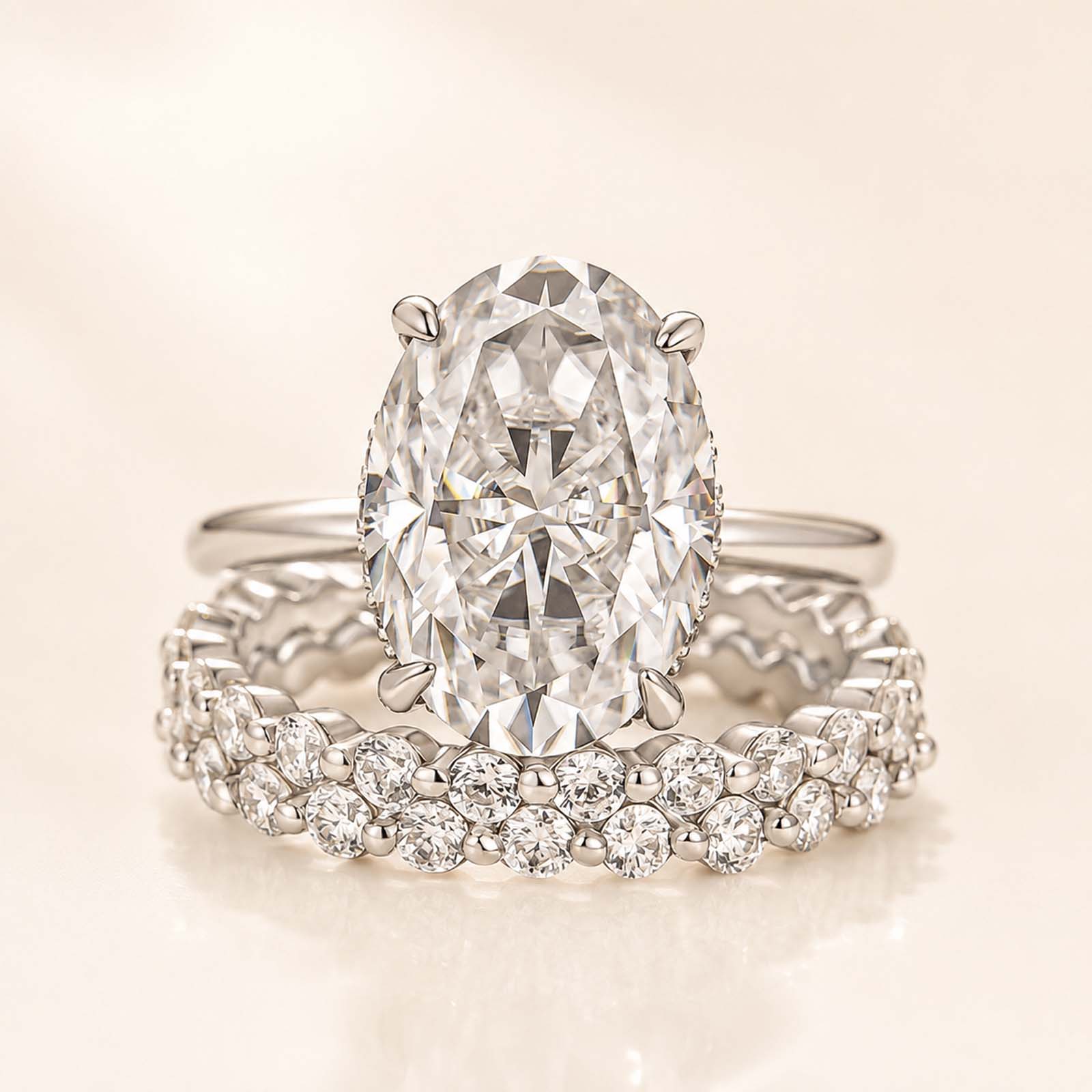 Moissanite 5.5Ct Oval Cut Hidden Halo Ring with 1.5 Ct Round Cut White Gold Plated Band