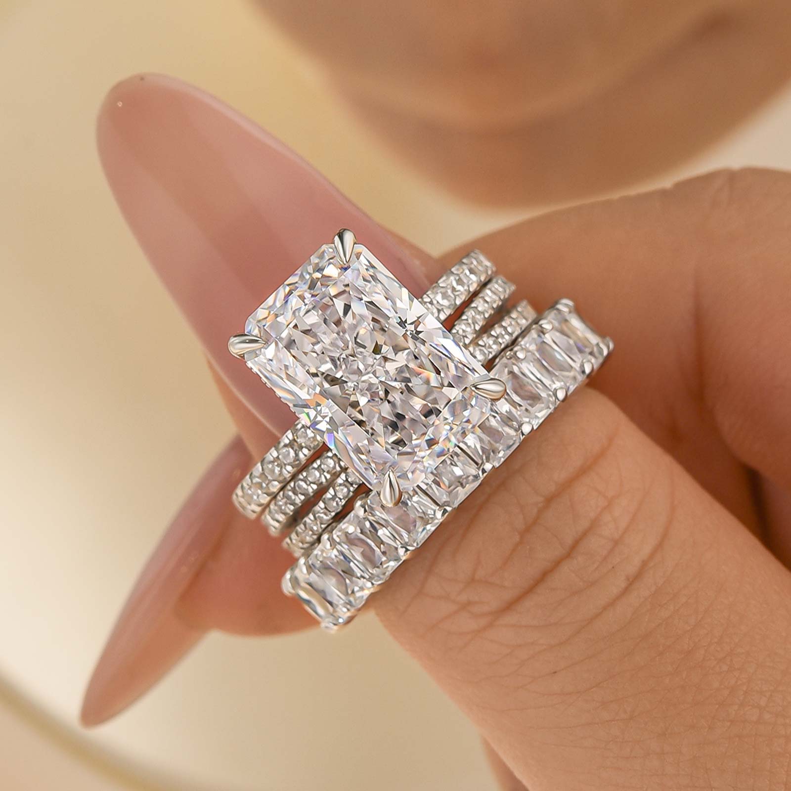3PC Wedding Sets 7.0Ct Radiant Cut Hidden Halo Half Eternity Engagement Ring with 2PC Design wedding bands - Velirellajewelry