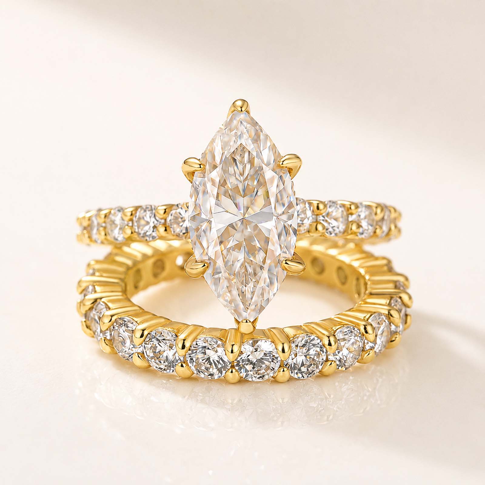Moissanite 3.0 Ct Marquise Cut Side Stone Yellow Gold Date Ring & Stackable Ring Set