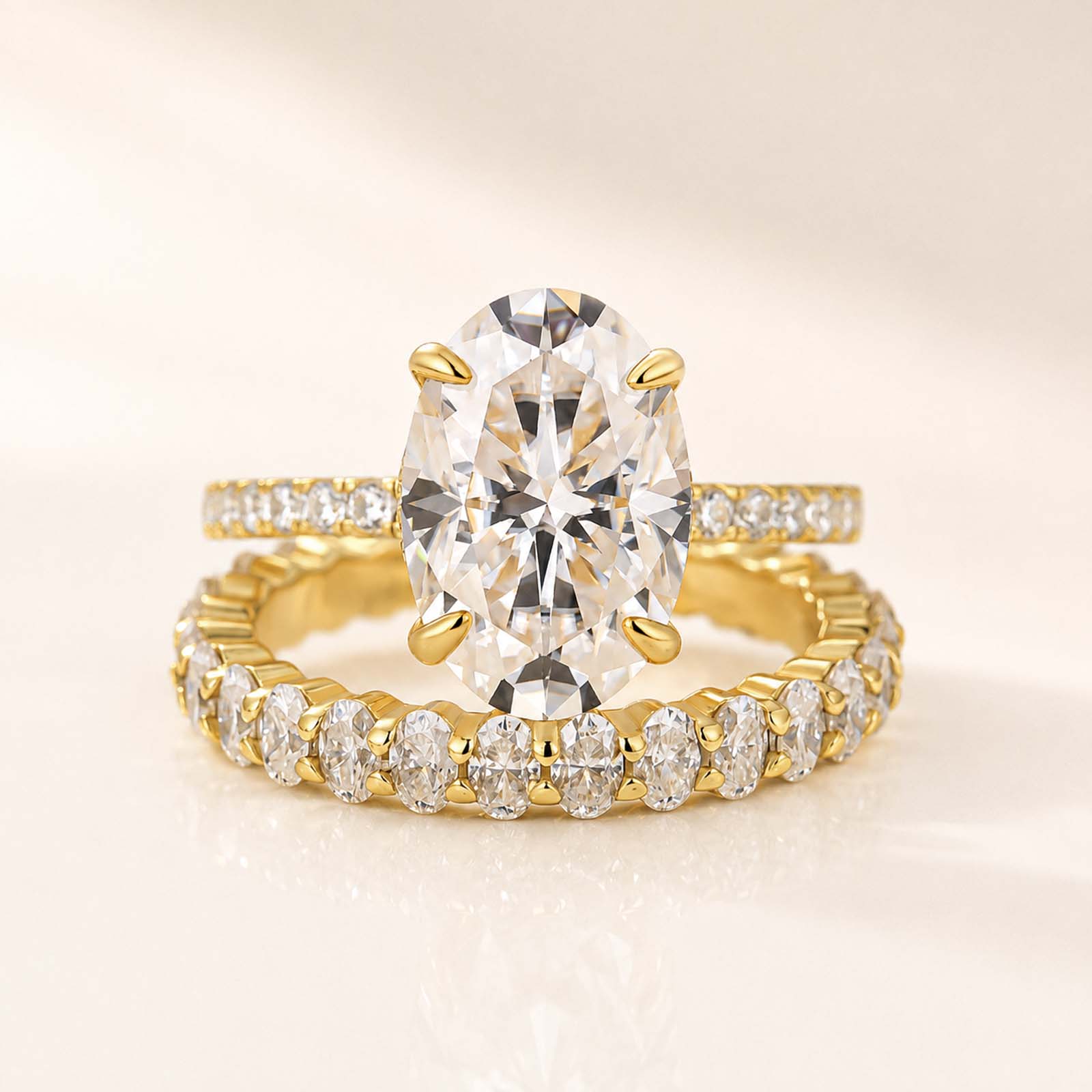 Moissanite 4.0Ct Oval Side Stone Date Ring with 3.0Ct Oval Cut Band Stackable Ring Set