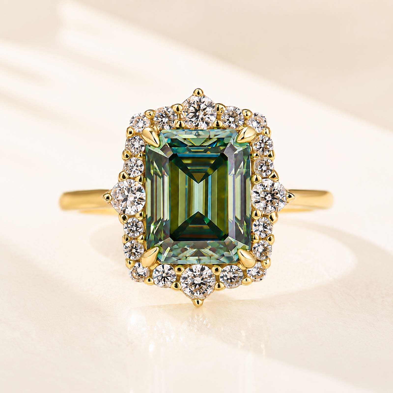 Moissanite Halo 3.0Ct Green Emerald Cut Luxe Rings For Women