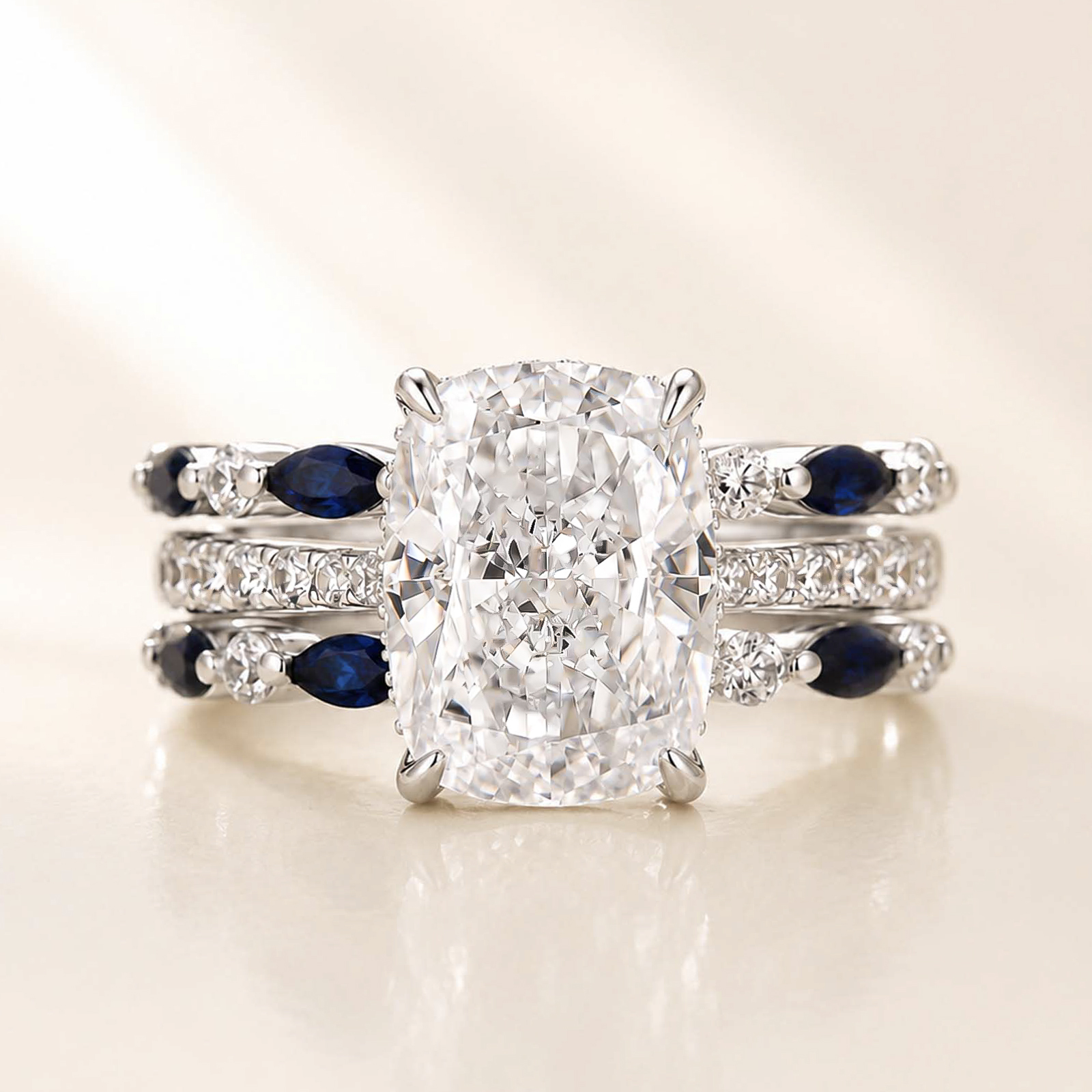 Unique 6.5Ct Cushion Cut Ring With White & Blue Stone Band Enhancer Ring Set For Women