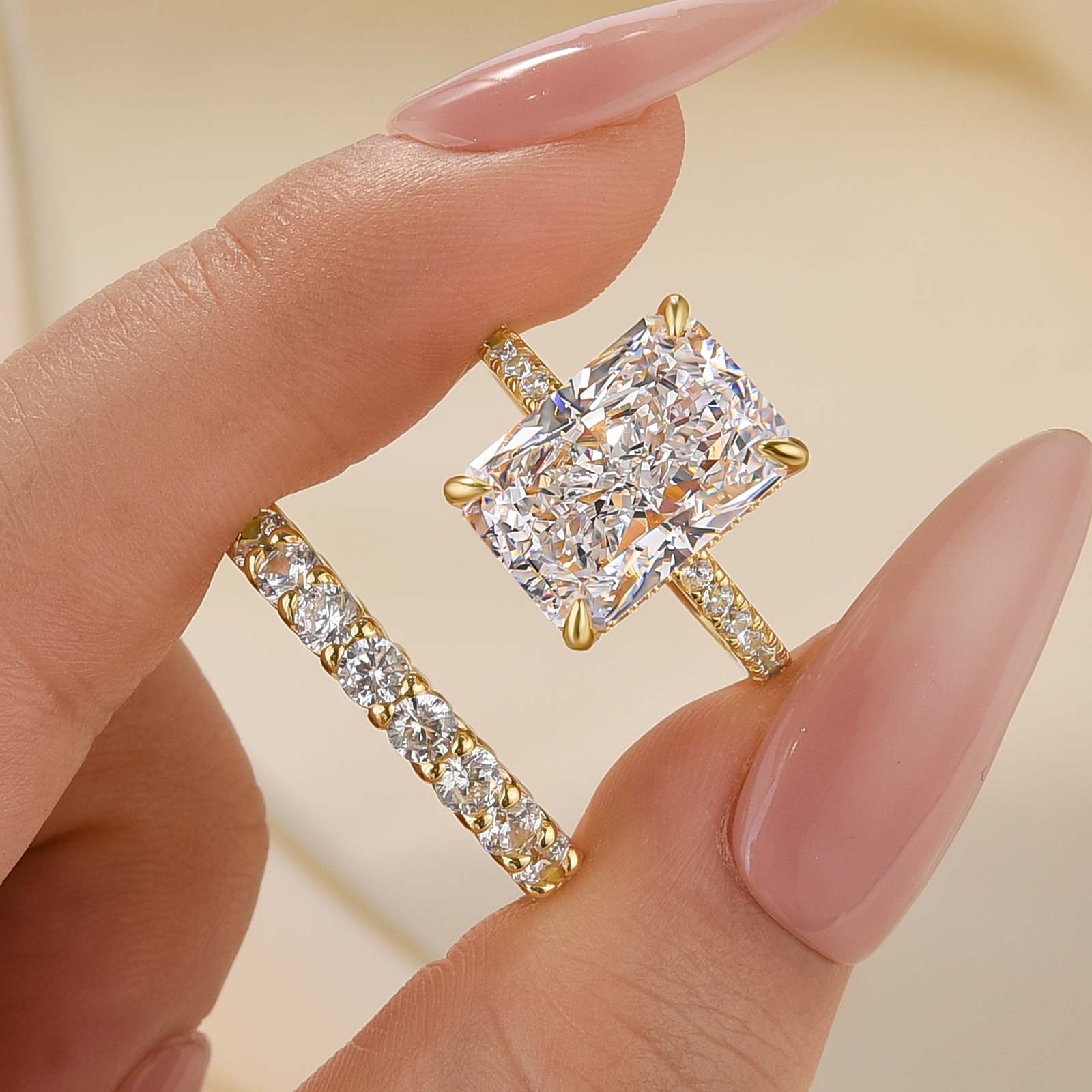 2PC Wedding Ring Set 7.0 Carat Radiant Cut Engagement Ring With Round Cut Wedding Band In Brass - Velirellajewelry