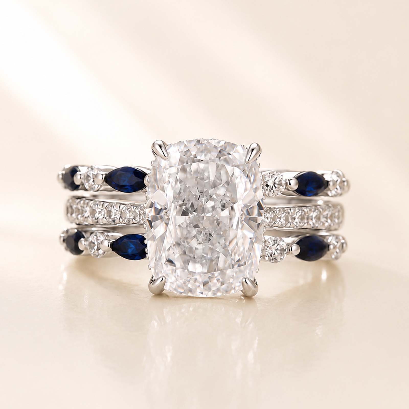 Unique 6.5Ct Cushion Cut Ring With White & Blue Stone Band Enhancer Ring Set For Women
