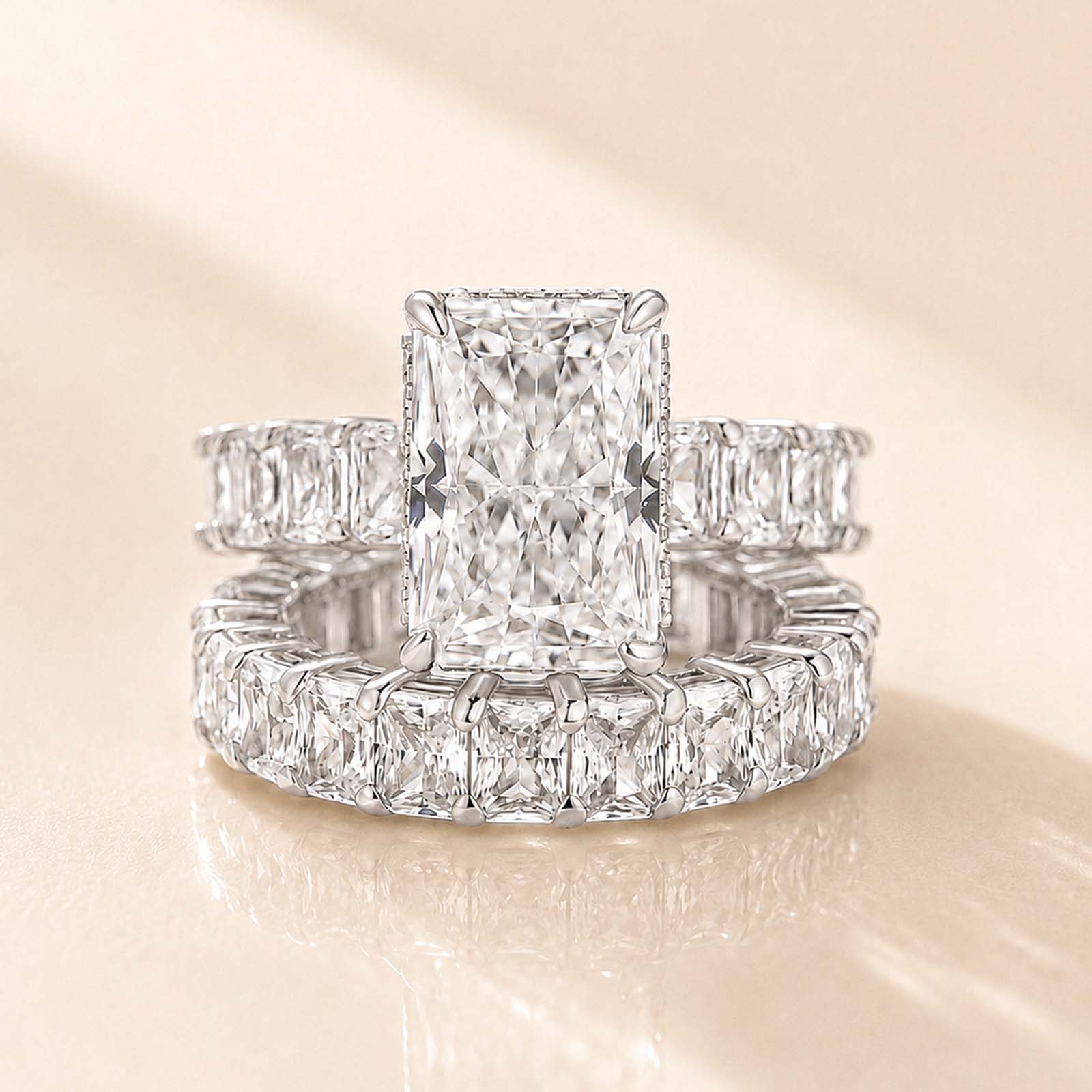 Luxe 5.0Ct Radiant Cut Ring & Stackable Band Statement Ring Set Party Ring Sets