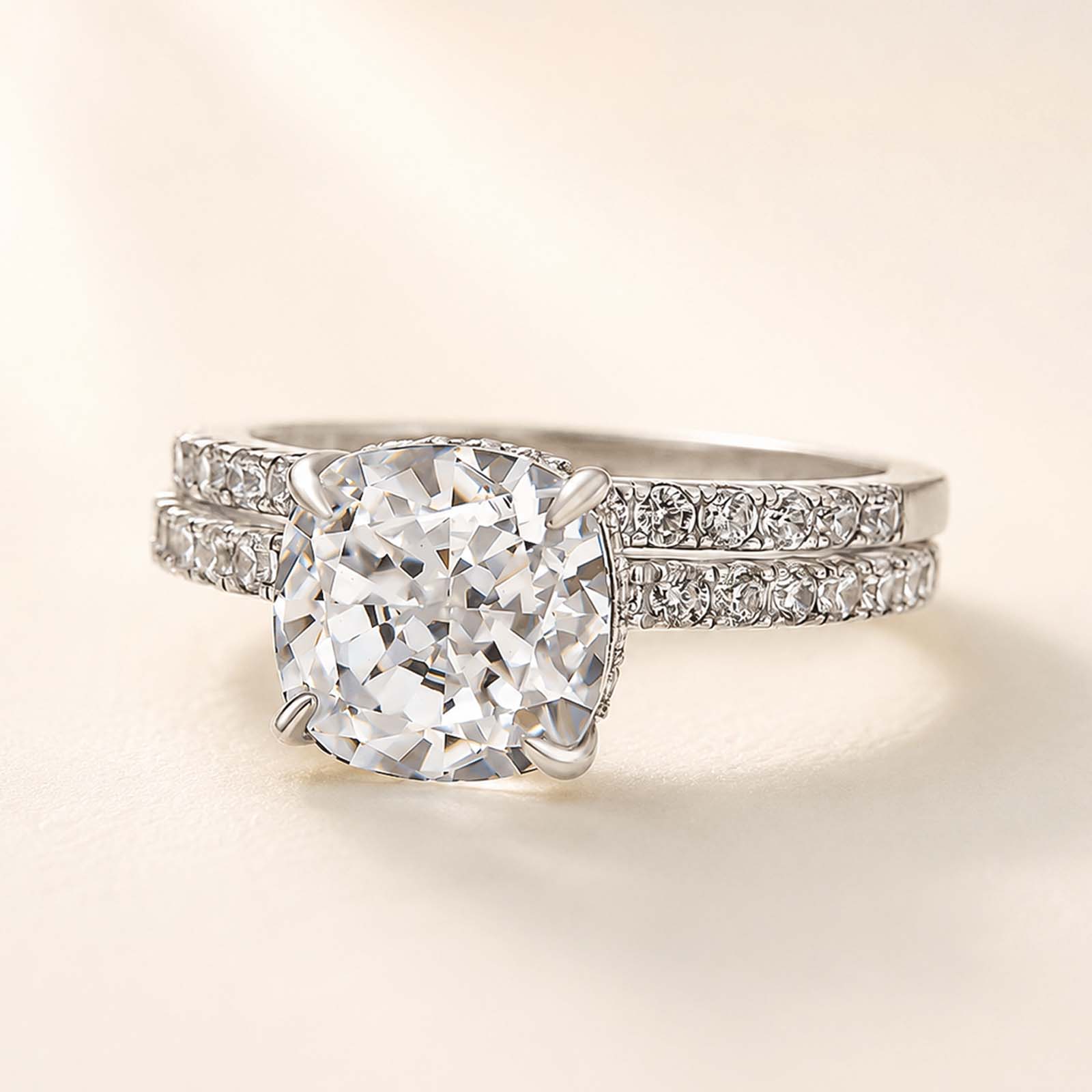 Classic 3.0 Carat Cushion Cut White Sapphire 2PC Ring Set For Holiday Ring Gift