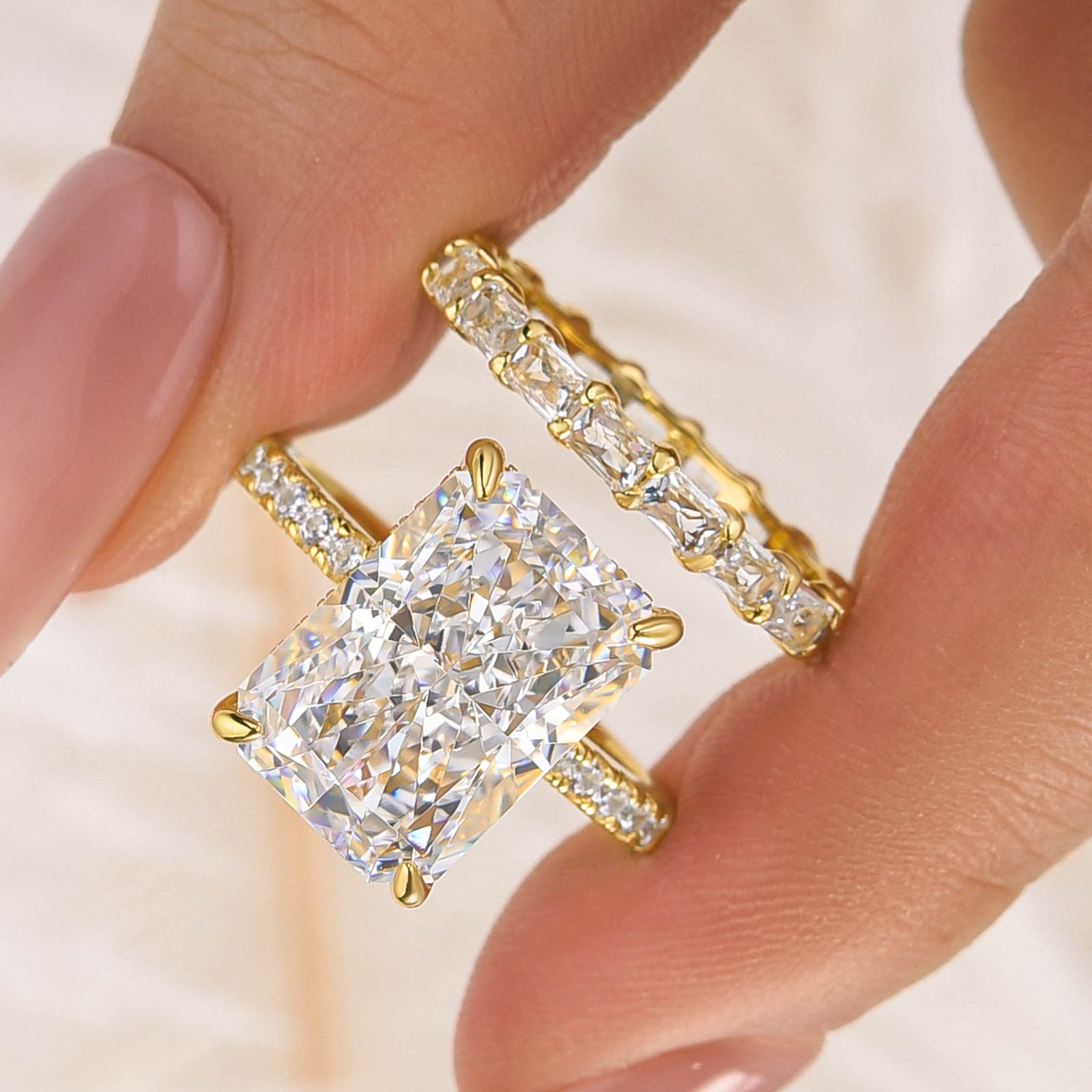 Brass 7.0Ct Radiant Cut Engagement Ring with Radiant Cut Wedding Band - Velirellajewelry