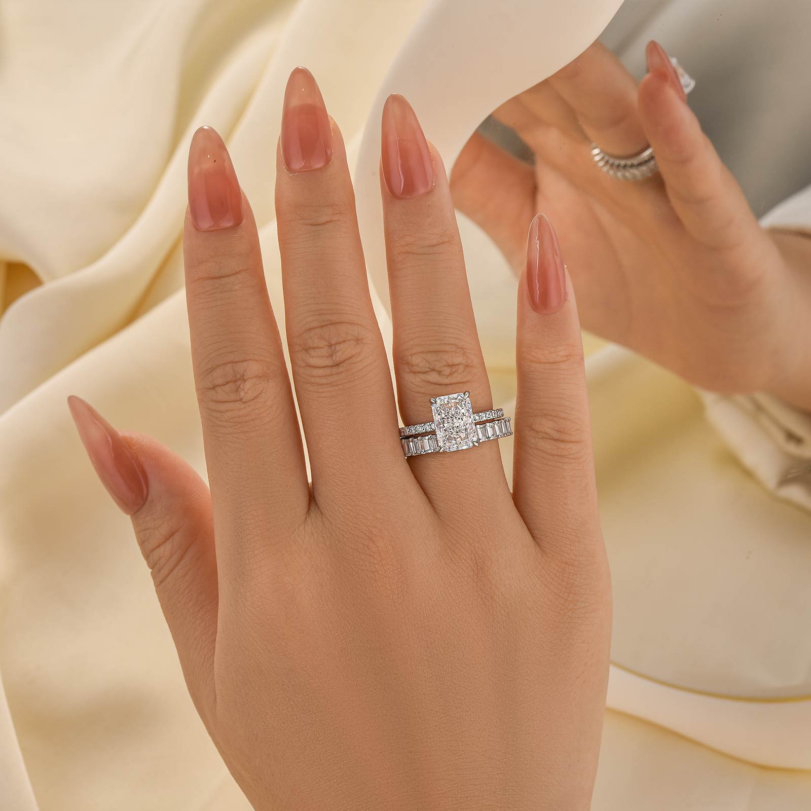 3.5Ct Radiant Cut Wedding Ring Set With Emerald Cut Wedding Band - Velirellajewelry