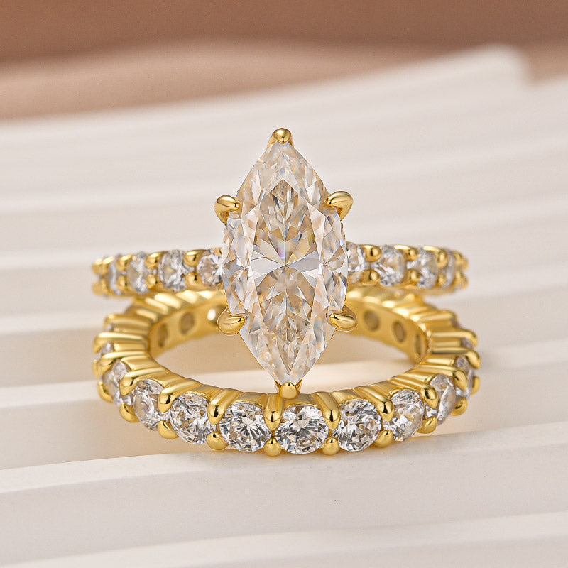 Moissanite 3.0 Ct Marquise Cut Side Stone Yellow Gold Engagement Ring/Wedding Set In Brass - Velirellajewelry