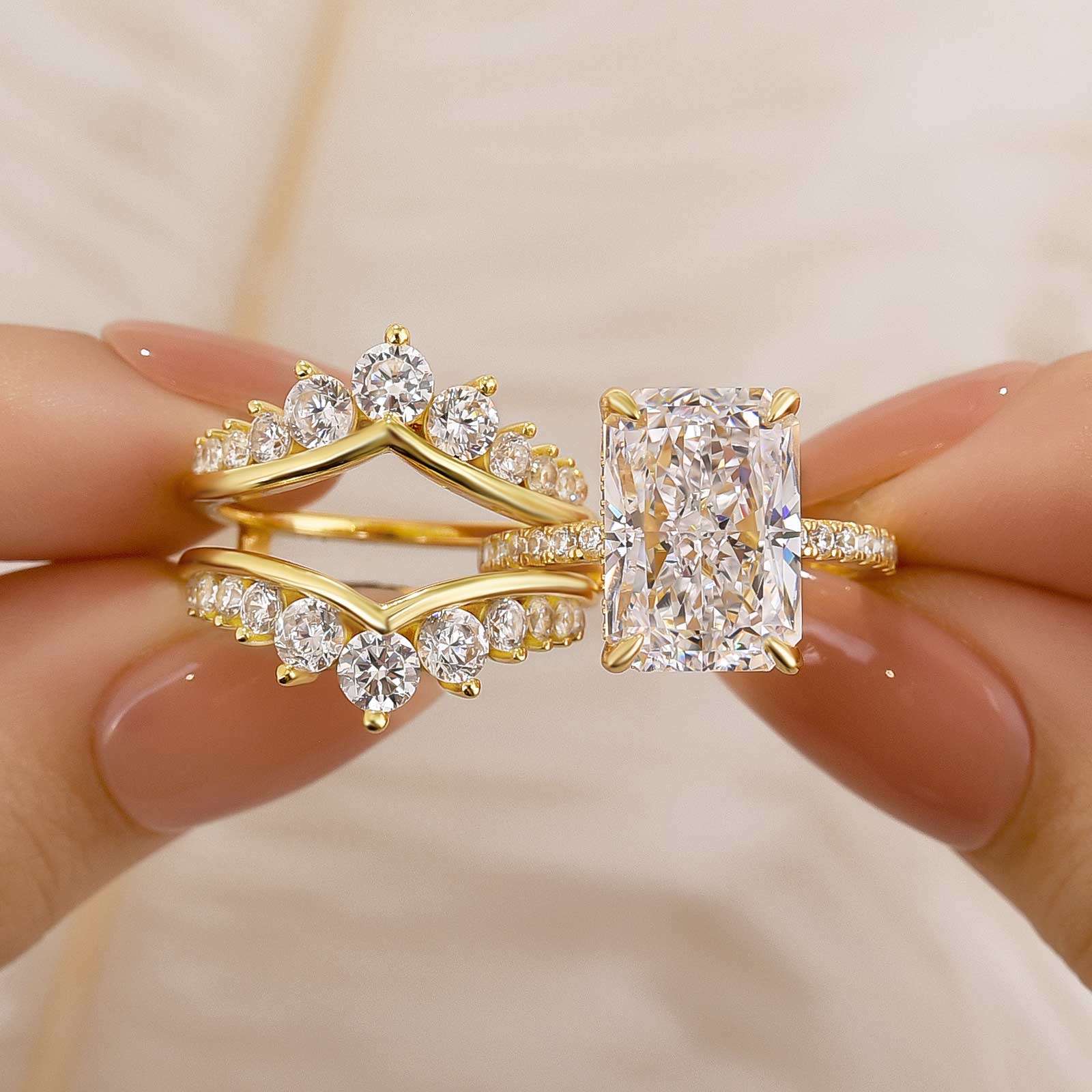7.0 Carat Radiant Cut Insert Wedding Ring Set With Crown-Shaped Engagement Ring Enhancer - Velirellajewelry