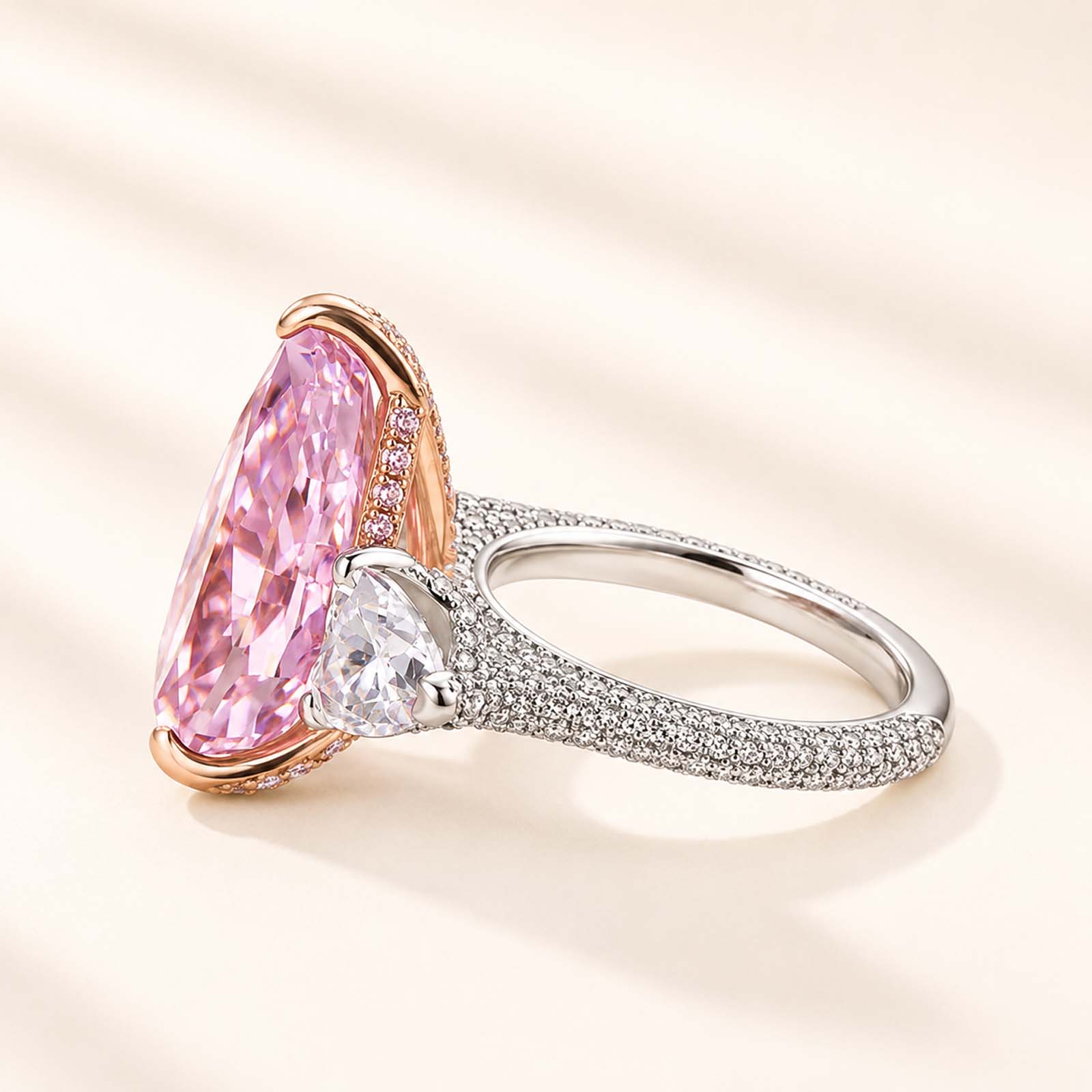 Romantic Pear Cut Pink Sapphire Three Stone Simulated Diamond Ring For Women